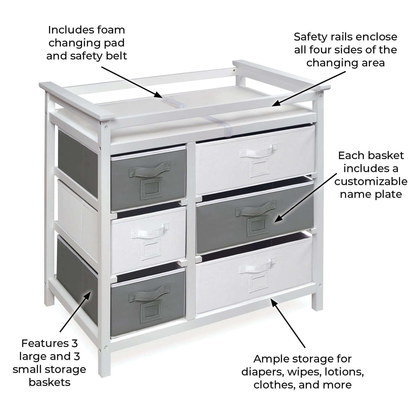 Modern Baby Changing Table with Six Baskets - Feature Image of Modern Baby Changing Table White with Six Baskets White and Gray