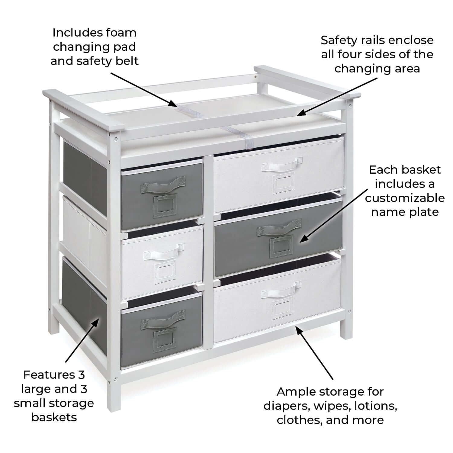 Modern Baby Changing Table with Six Baskets - Feature Image of Modern Baby Changing Table White with Six Baskets White and Gray
