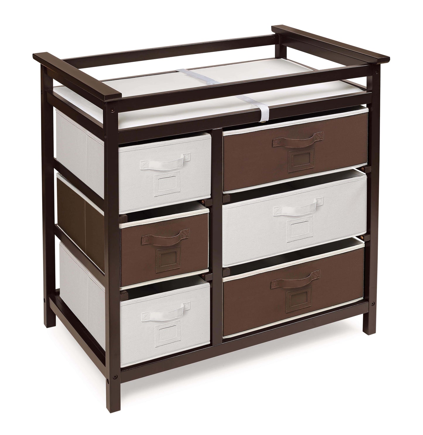 Modern Baby Changing Table with Six Baskets - Inclined Side View of Modern Baby Changing Table Espresso with Six Baskets Espresso and White