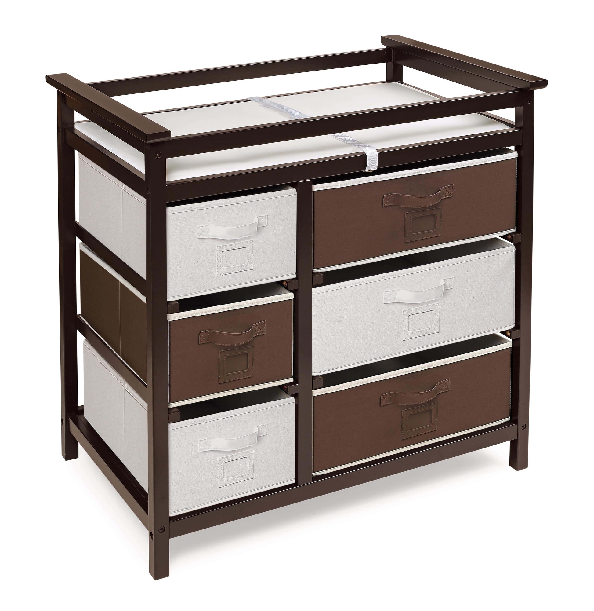 Modern Baby Changing Table with Six Baskets - Inclined Side View of Modern Baby Changing Table Espresso with Six Baskets Espresso and White