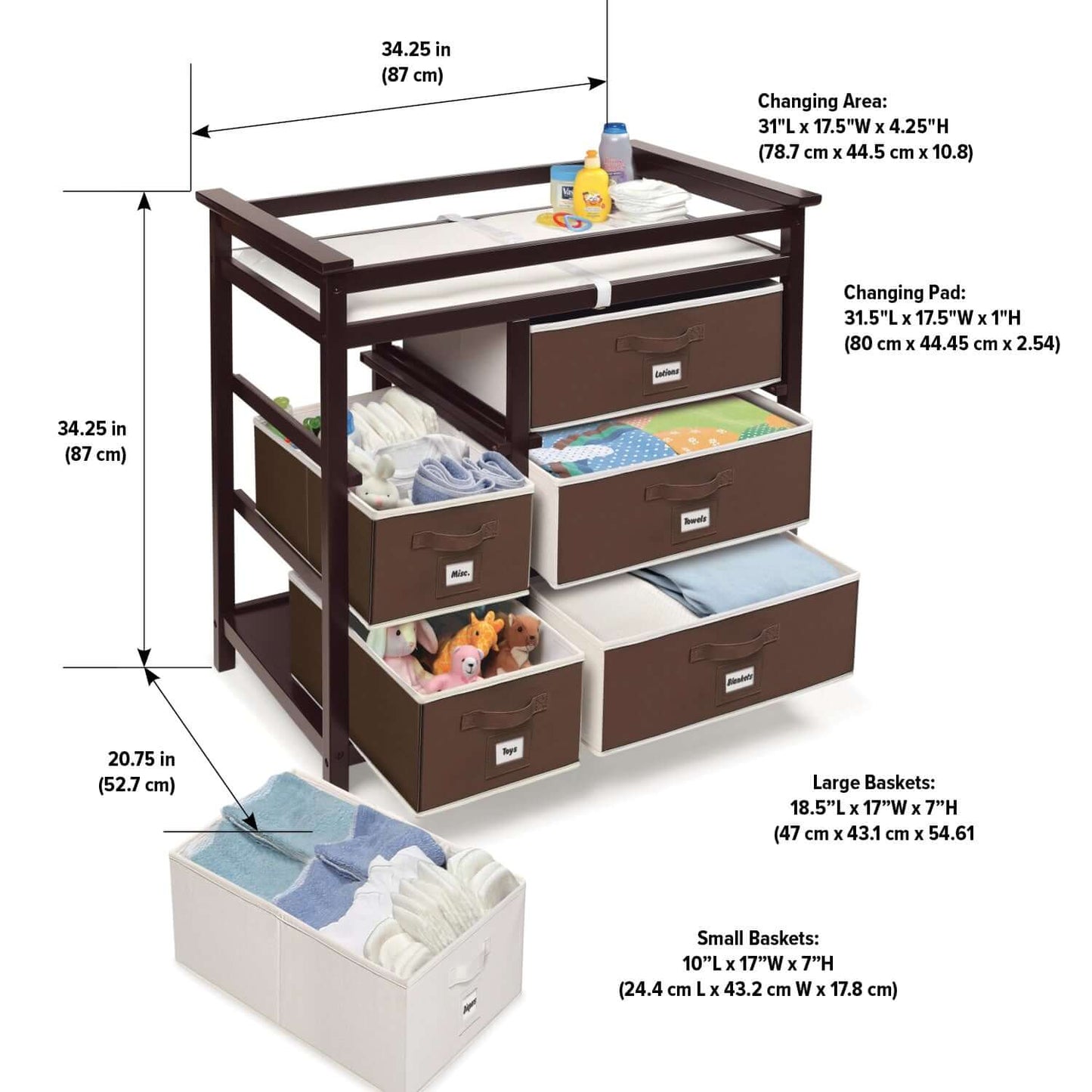 Modern Baby Changing Table with Six Baskets - Dimension Image of Modern Baby Changing Table with Six Baskets Espresso