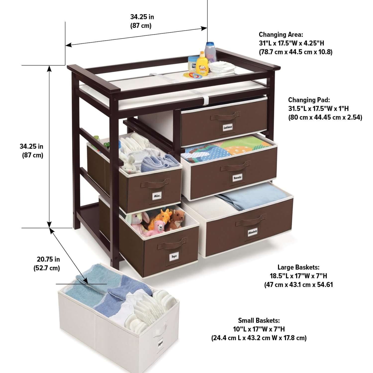Modern Baby Changing Table with Six Baskets - Dimension Image of Modern Baby Changing Table with Six Baskets Espresso