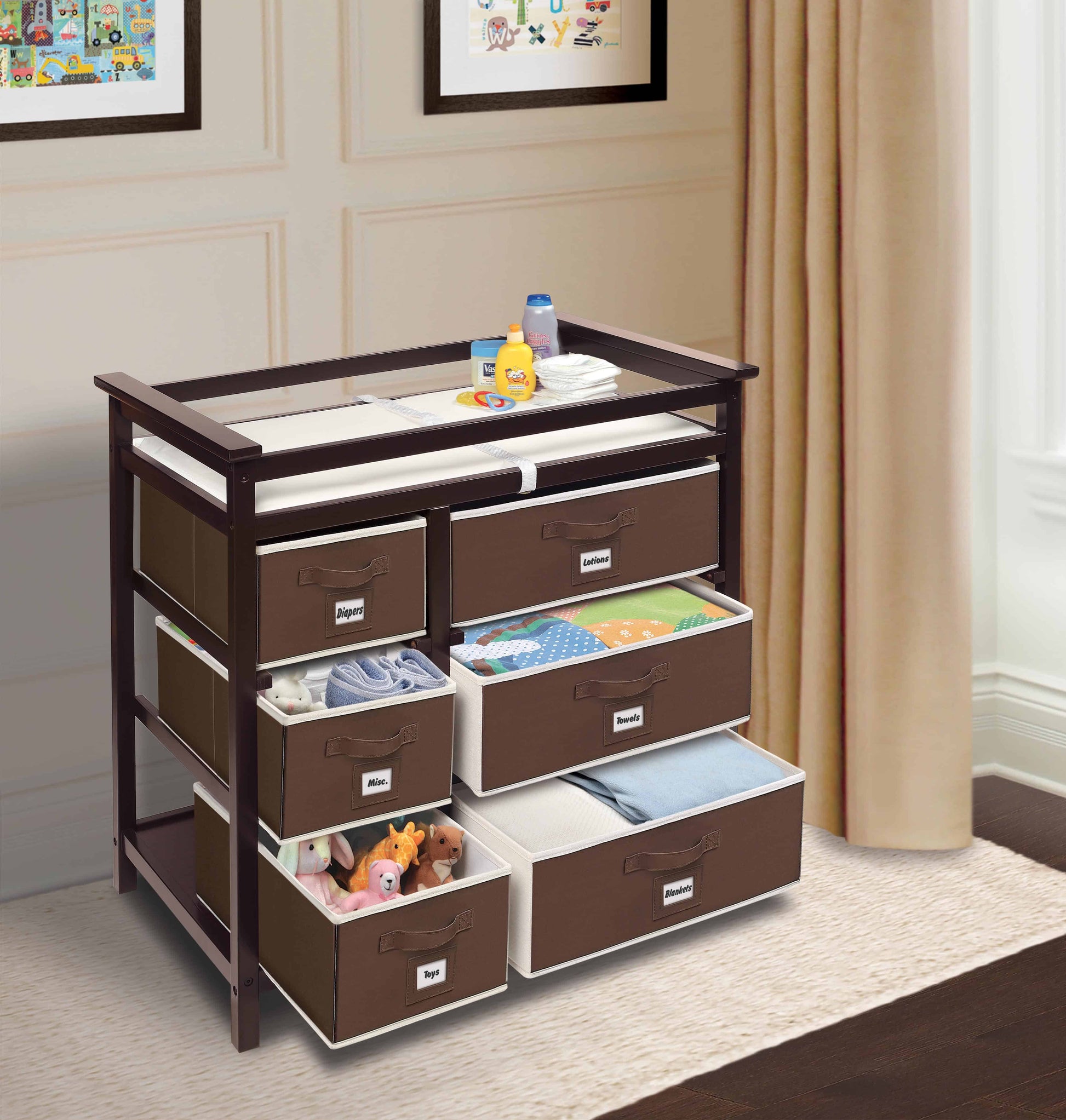 Modern Baby Changing Table with Six Baskets - Lifestyle Image Open Drawer of Modern Baby Changing Table with Six Baskets Espresso