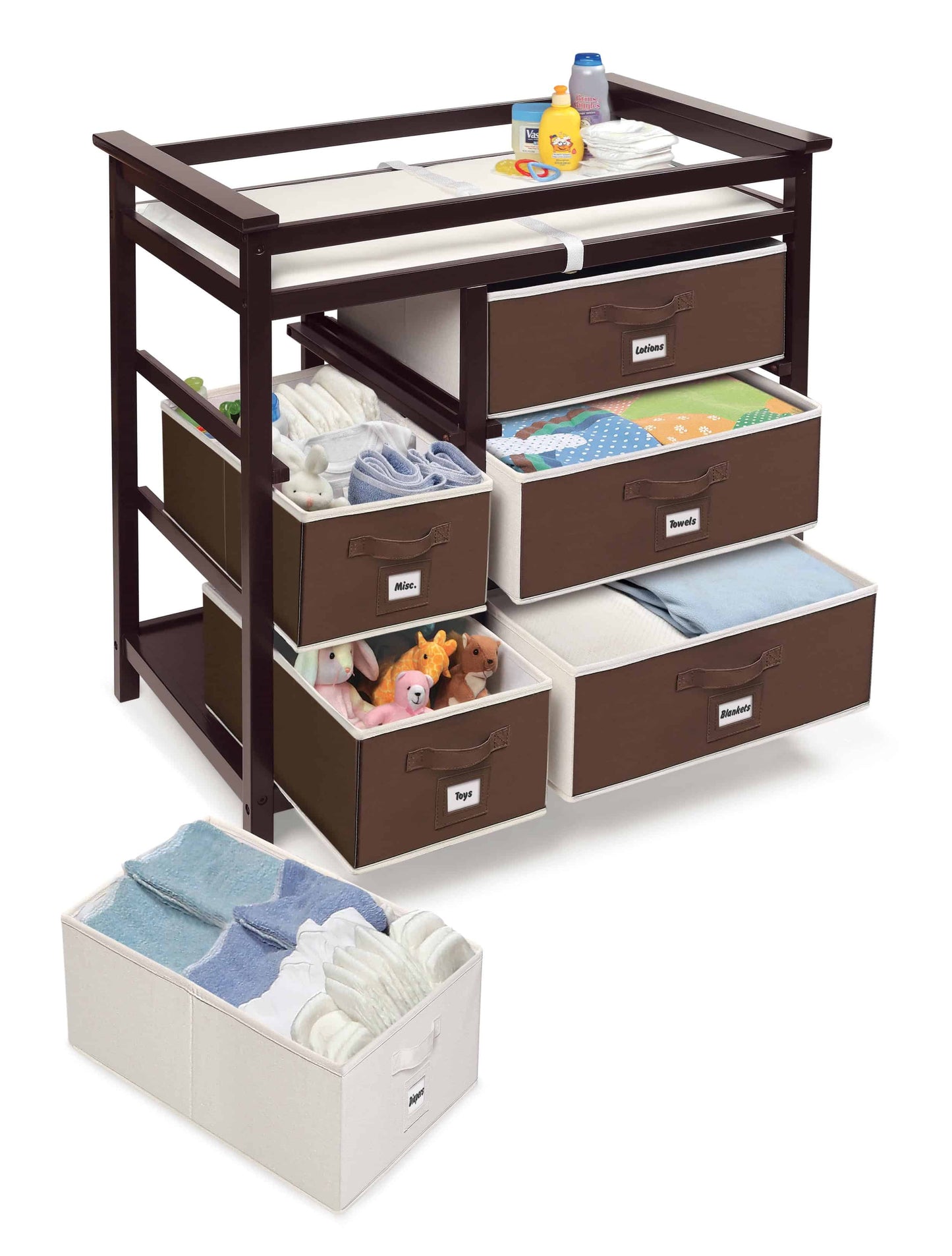 Modern Baby Changing Table with Six Baskets - Inclined Side View of Open Drawer Modern Baby Changing Table with Six Baskets Espresso