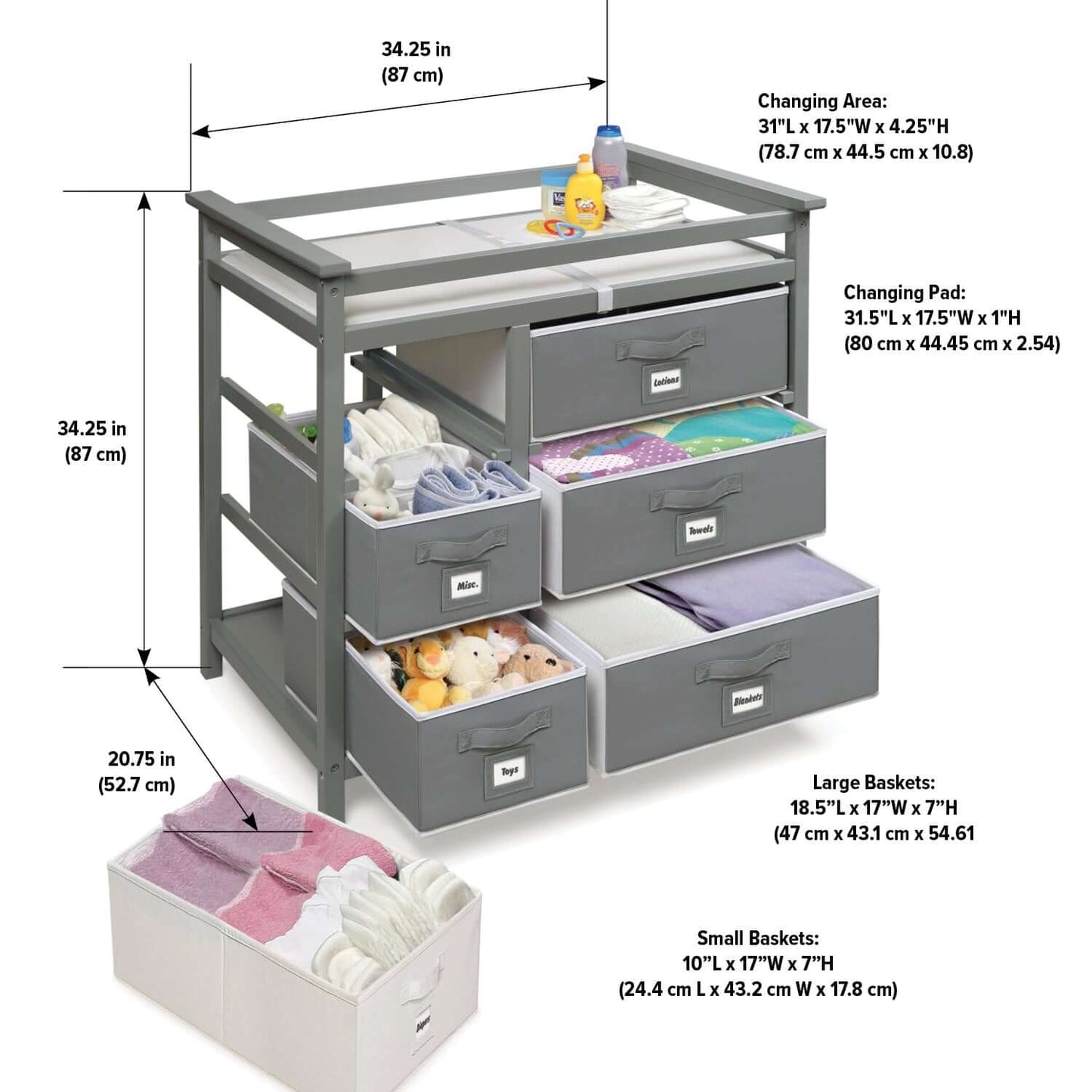 Modern Baby Changing Table with Six Baskets - Dimension Image of Modern Baby Changing Table with Six Baskets Gray