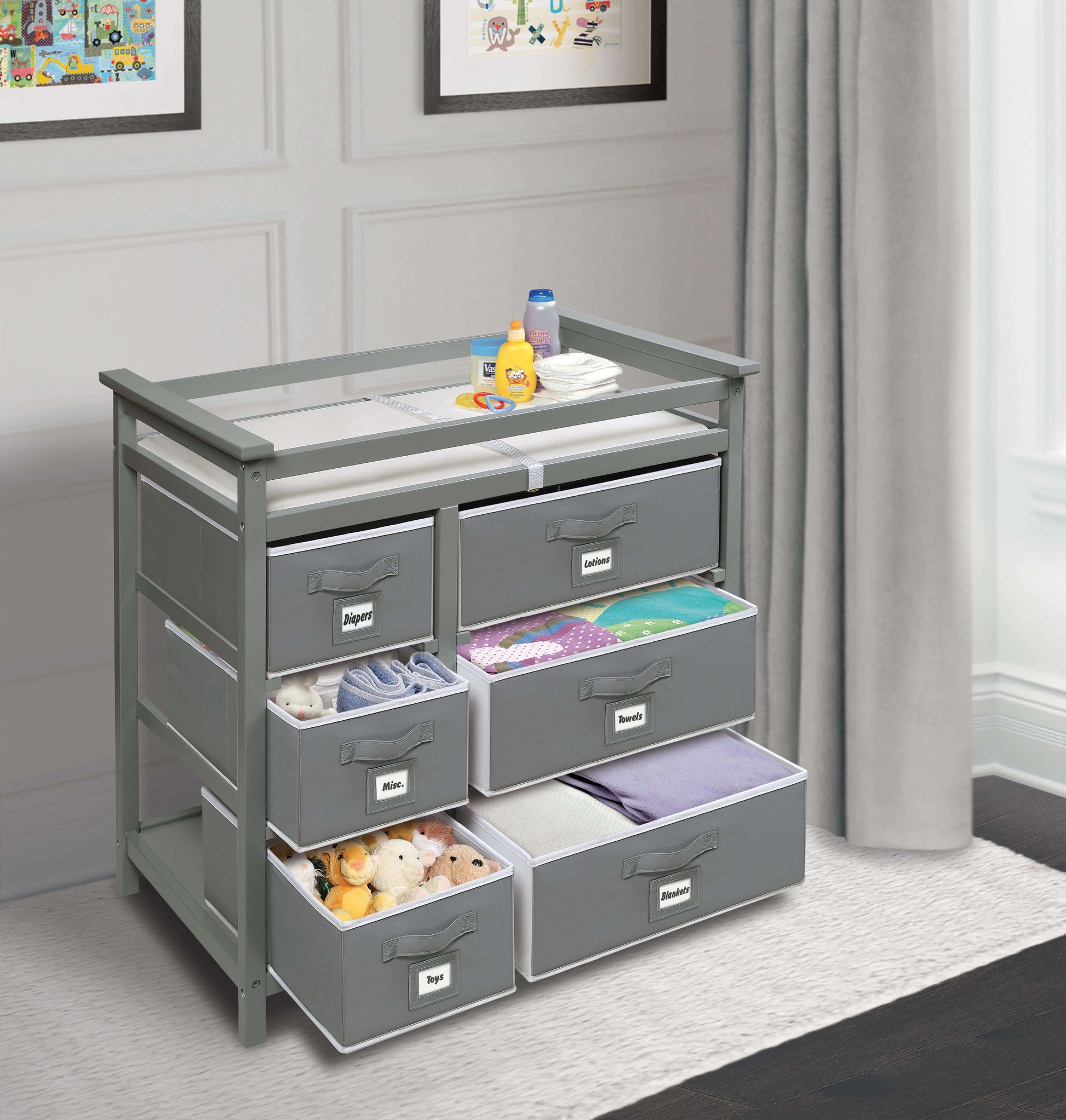 Modern Baby Changing Table with Six Baskets - Lifestyle Image Open Drawer of Modern Baby Changing Table with Six Baskets Gray