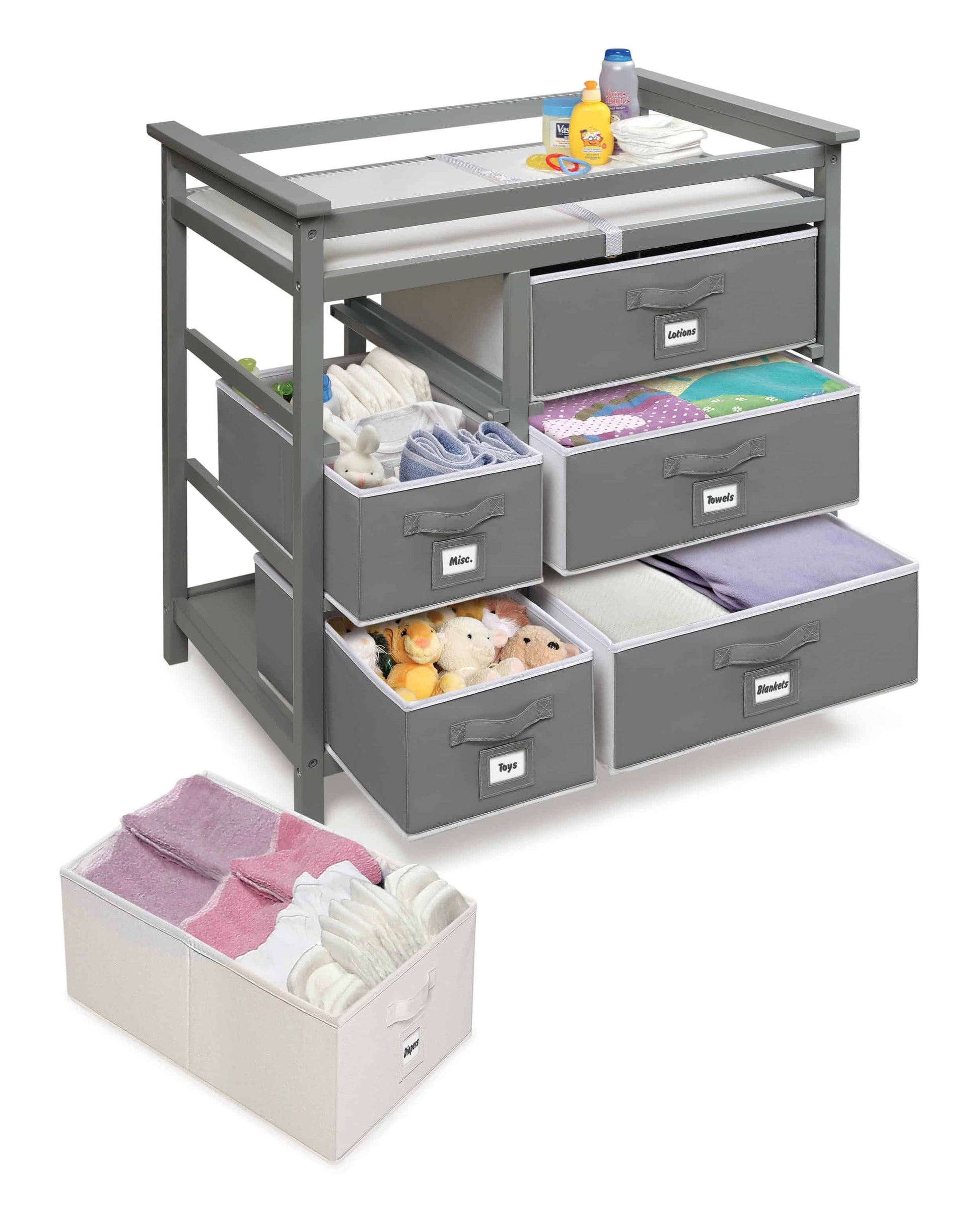 Modern Baby Changing Table with Six Baskets - Inclined Side View of Open Drawer Modern Baby Changing Table with Six Baskets Gray