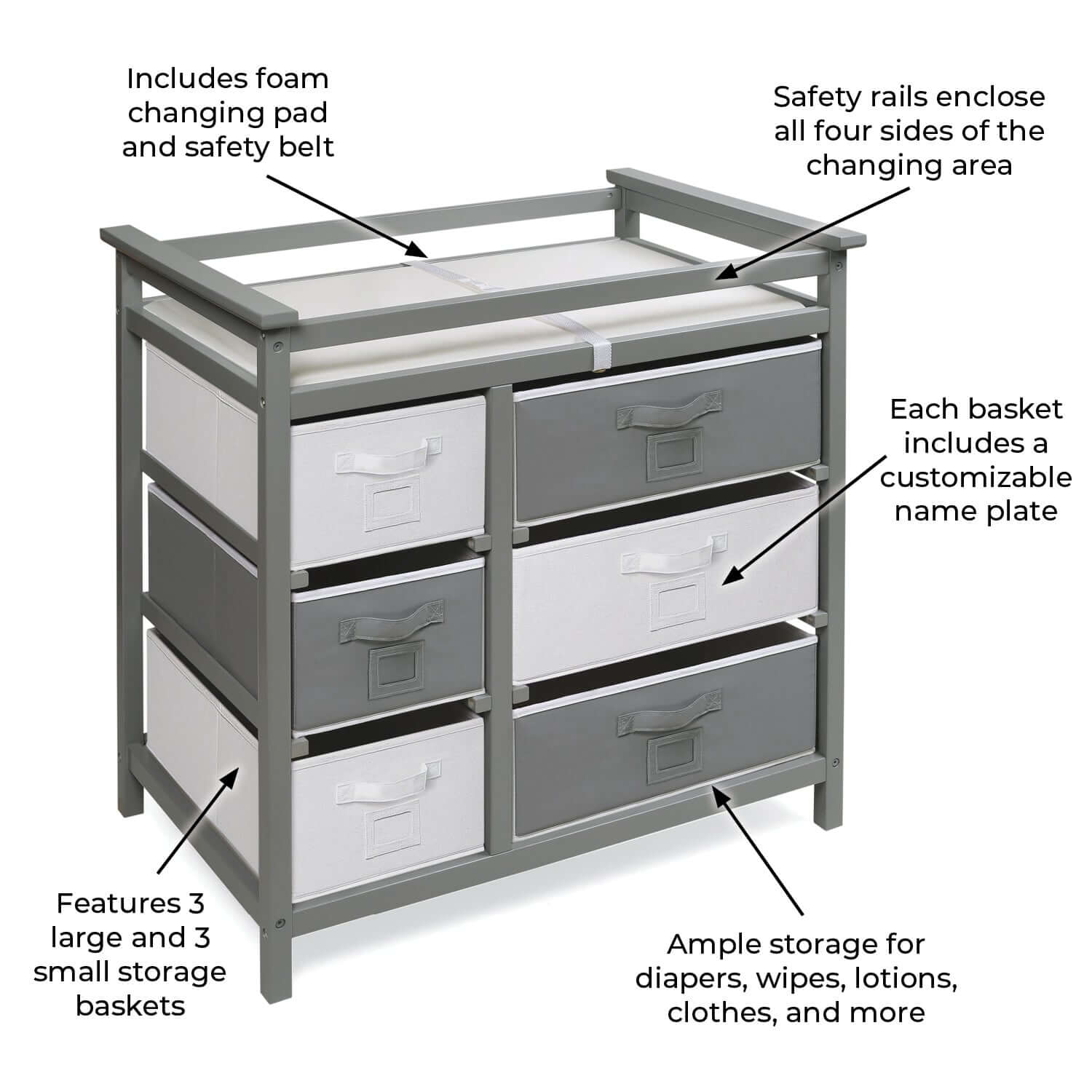 Modern Baby Changing Table with Six Baskets - Dimension Image of Modern Baby Changing Table Gray with Six Baskets Gray and White