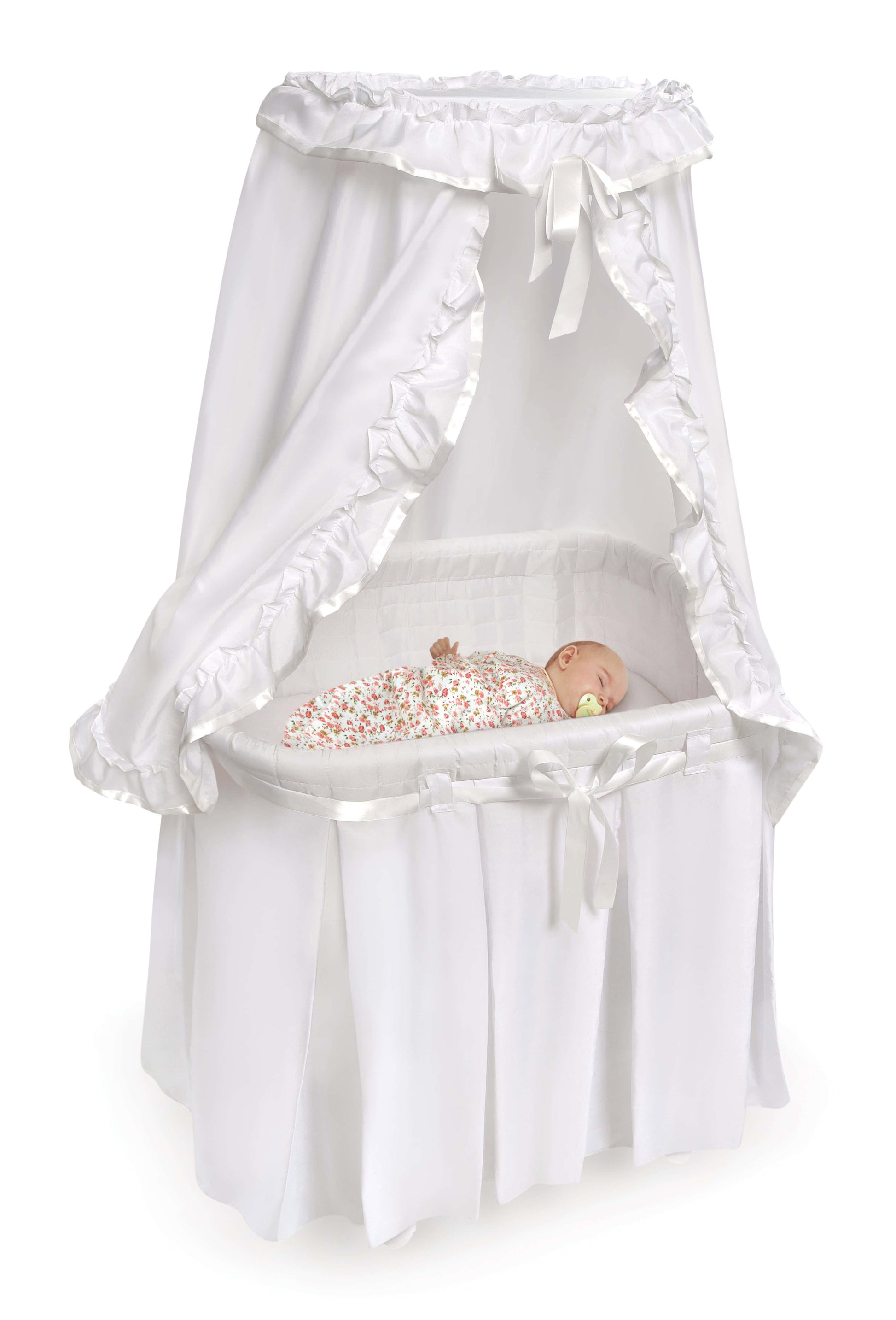 Majesty Baby Bassinet with Canopy - Inclined Side View of Sleeping Baby Inside Majesty Baby Bassinet with Canopy White