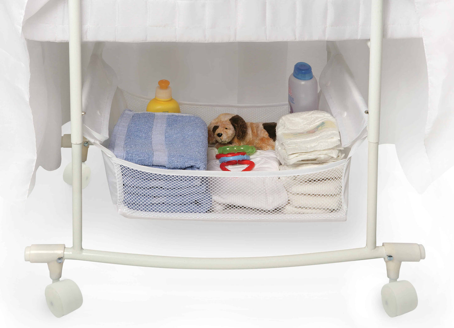 Majesty Baby Bassinet with Canopy - Inclined Side View of Storage of Majesty Baby Bassinet with Canopy Pink-1