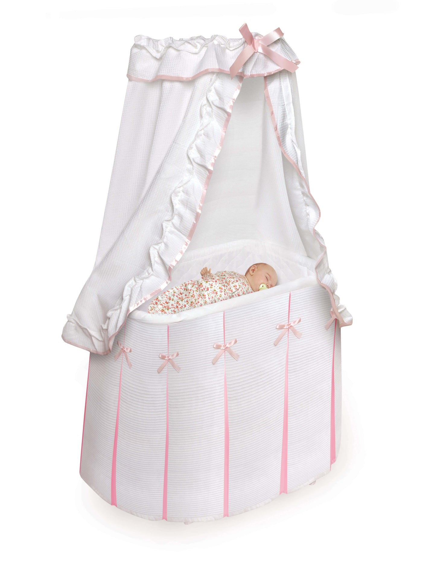 Majesty Baby Bassinet with Canopy - Inclined Side View of Sleeping Baby Inside Majesty Baby Bassinet with Canopy Pink