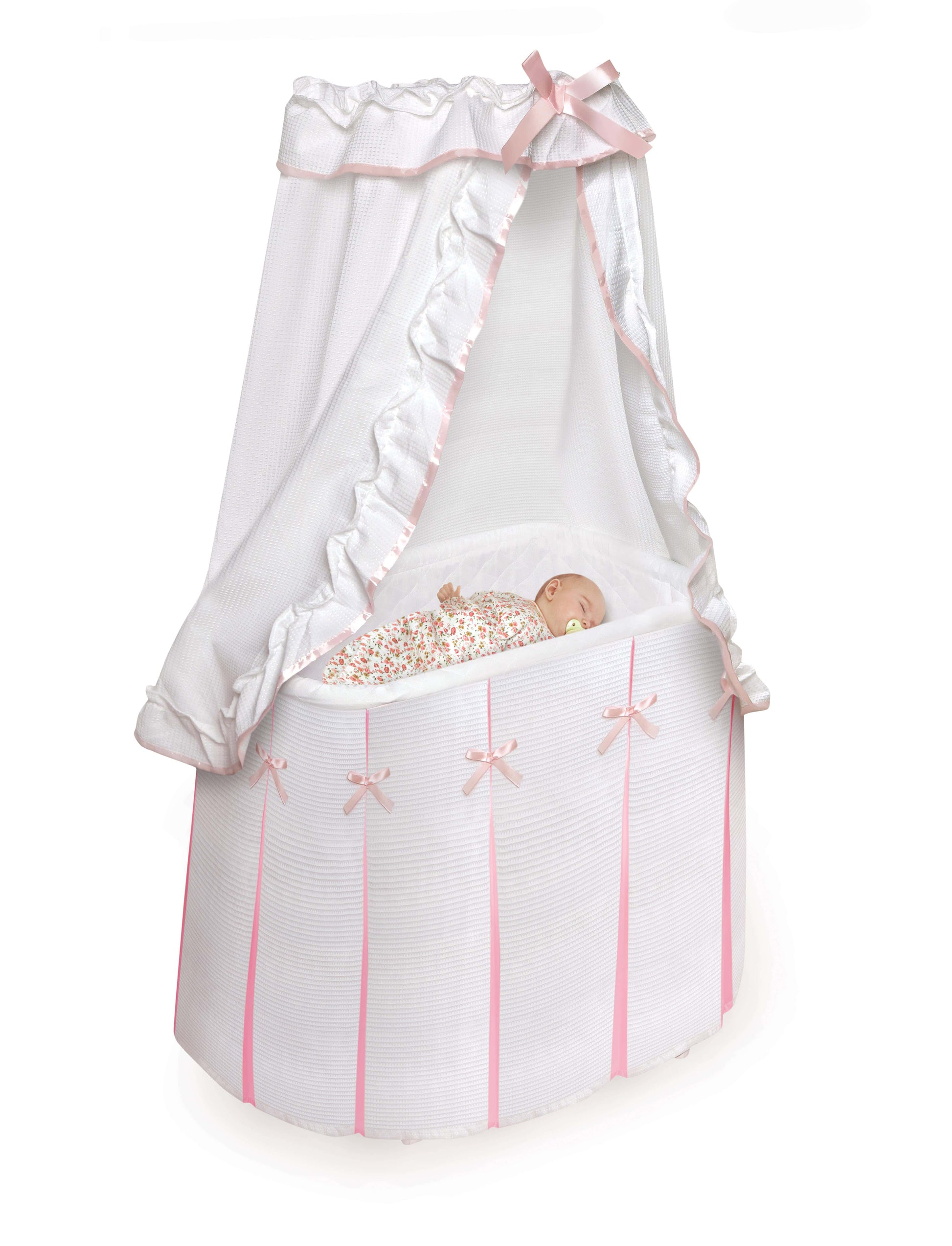 Majesty Baby Bassinet with Canopy - Inclined Side View of Sleeping Baby Inside Majesty Baby Bassinet with Canopy Pink