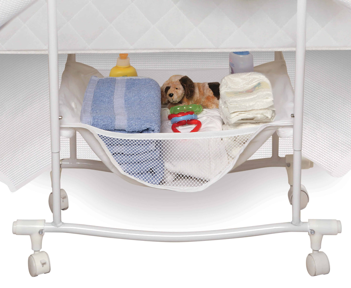 Majesty Baby Bassinet with Canopy - Inclined Side View of Storage of Majesty Baby Bassinet with Canopy Pink