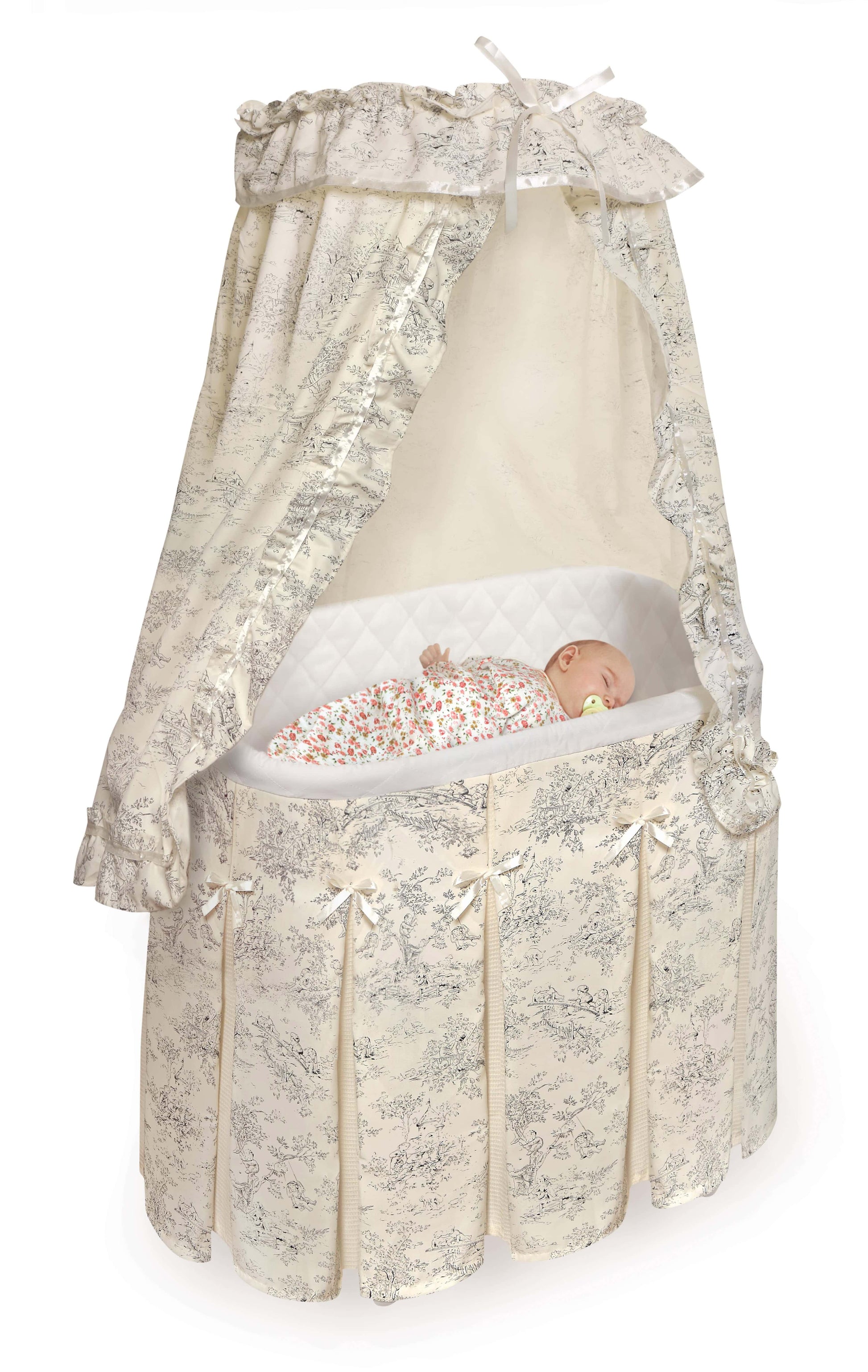 Majesty Baby Bassinet with Canopy - Inclined Side View of Sleeping Baby Inside Majesty Baby Bassinet with Canopy Ecru