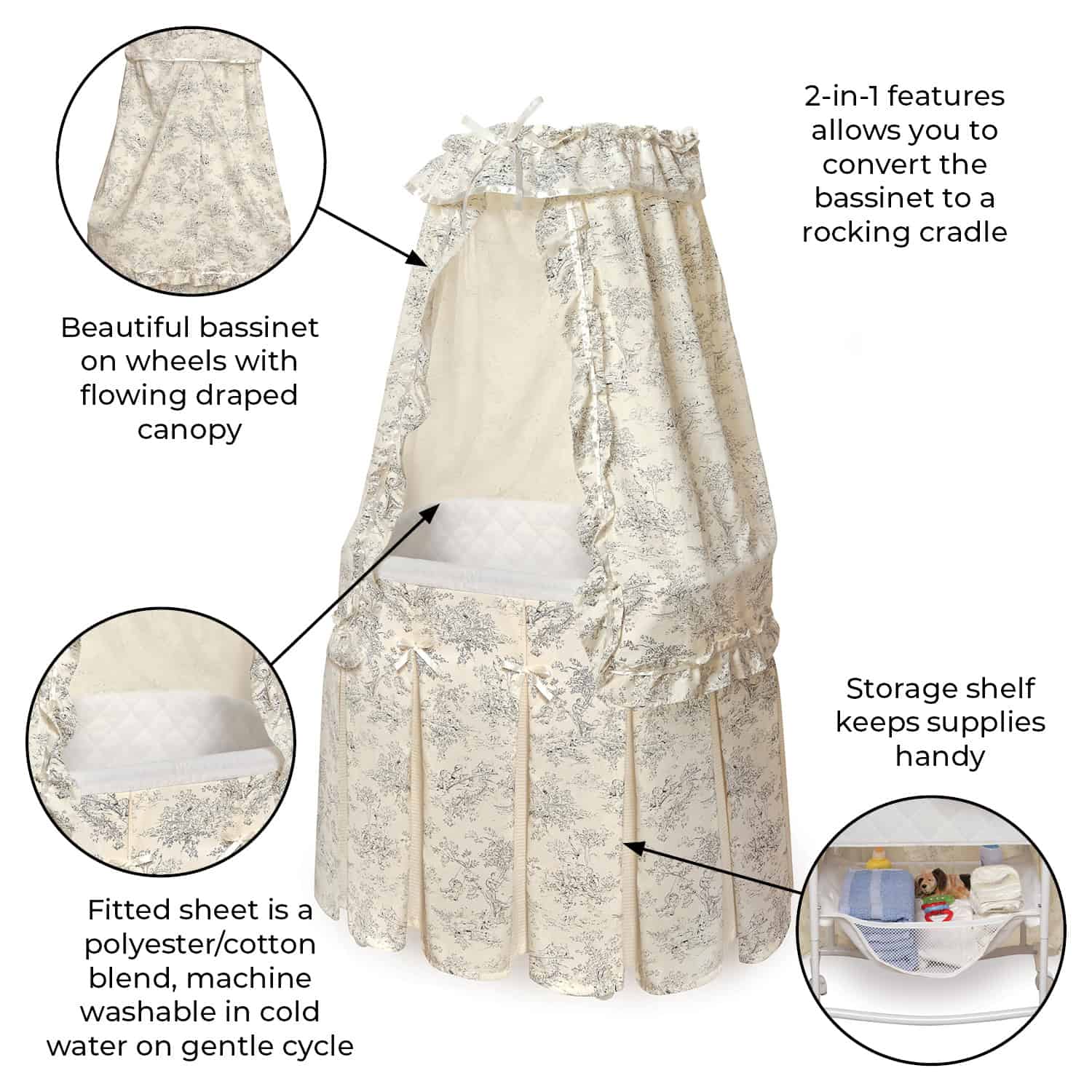 Majesty Baby Bassinet with Canopy - Feature Image of Majesty Baby Bassinet with Canopy Ecru