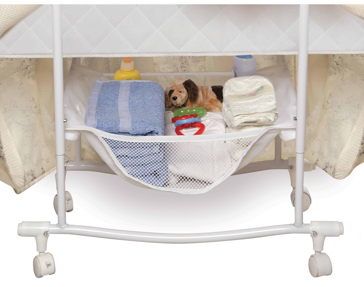 Majesty Baby Bassinet with Canopy - Inclined Side View of Storage of Majesty Baby Bassinet with Canopy Ecru