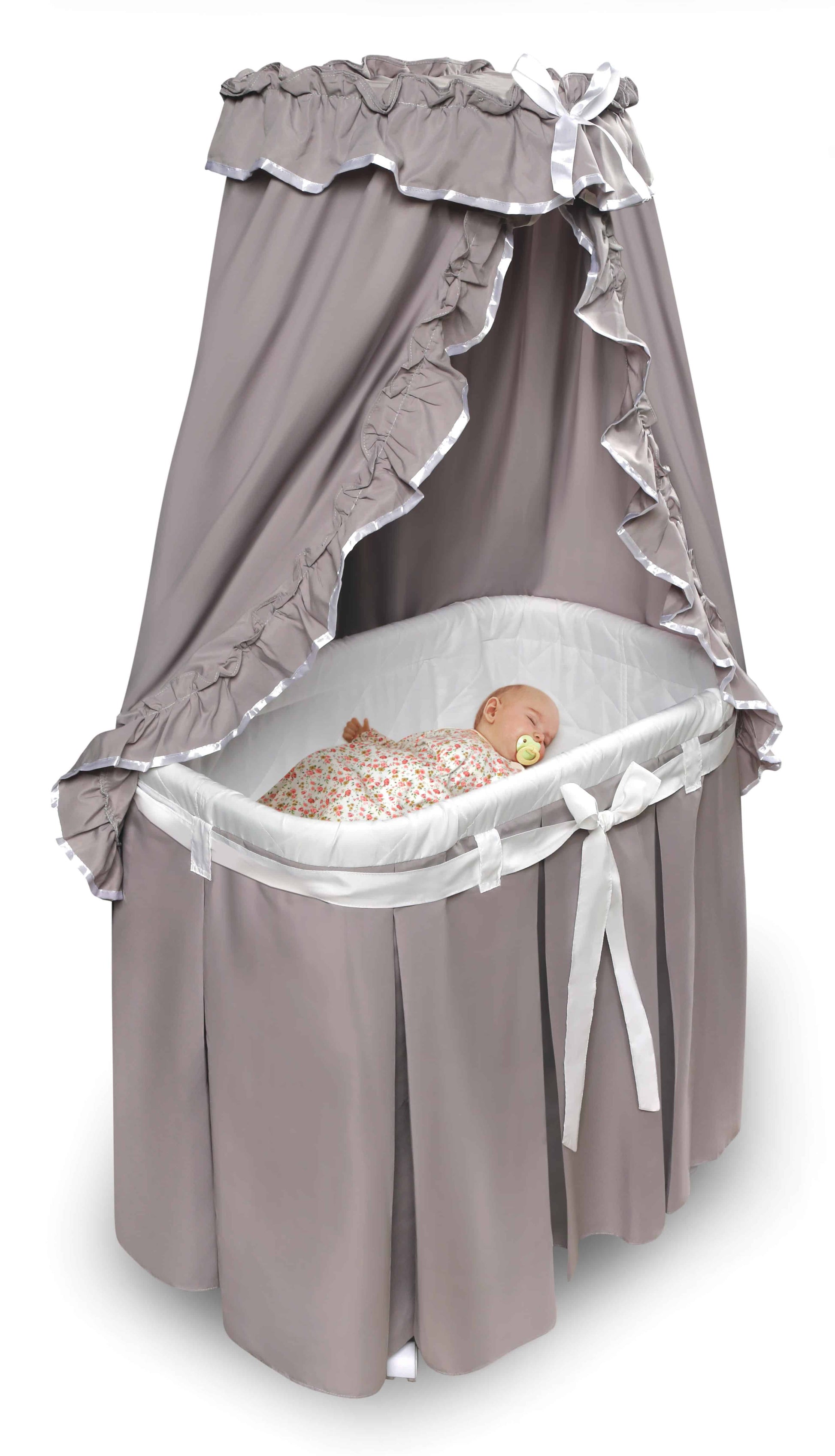 Majesty Baby Bassinet with Canopy - Inclined Side View of Sleeping Baby Inside Majesty Baby Bassinet with Canopy Multi Tone Gray