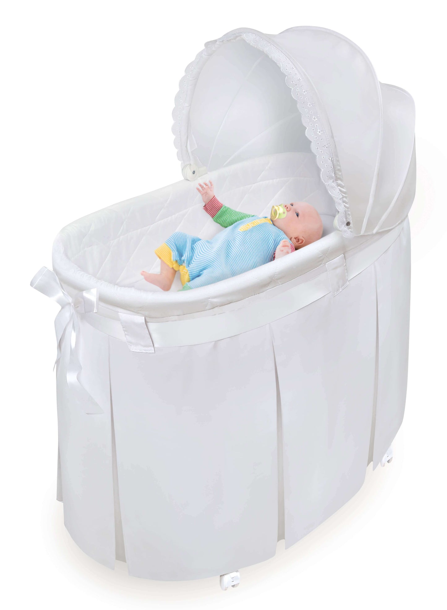Wishes Oval Bassinet - Inclined Side View of Wishes Oval Bassinet White bedding with Toy Baby inside