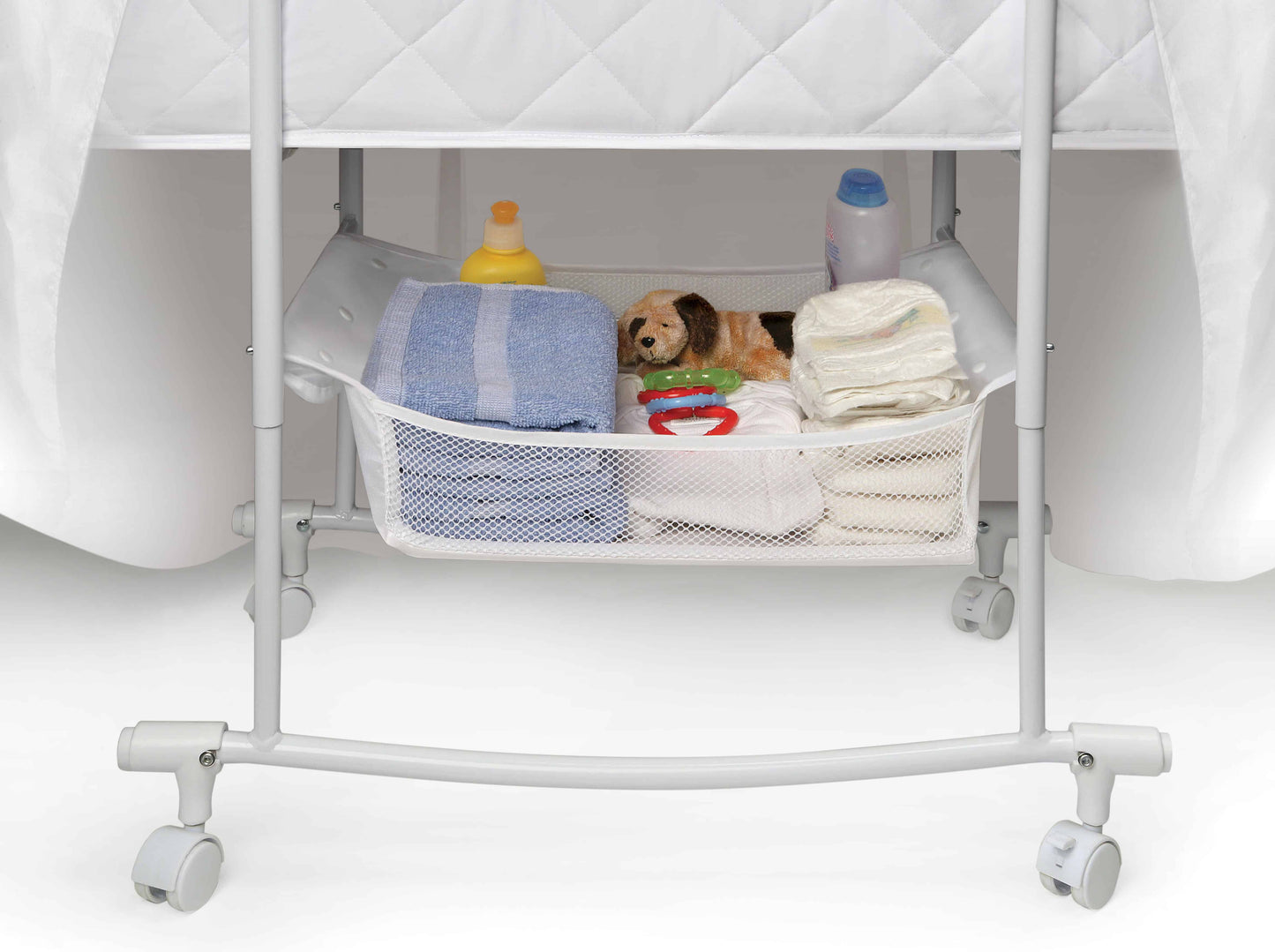 Wishes Oval Bassinet - Inclined Side View of Storage of Wishes Oval Bassinet Gray/Leaf