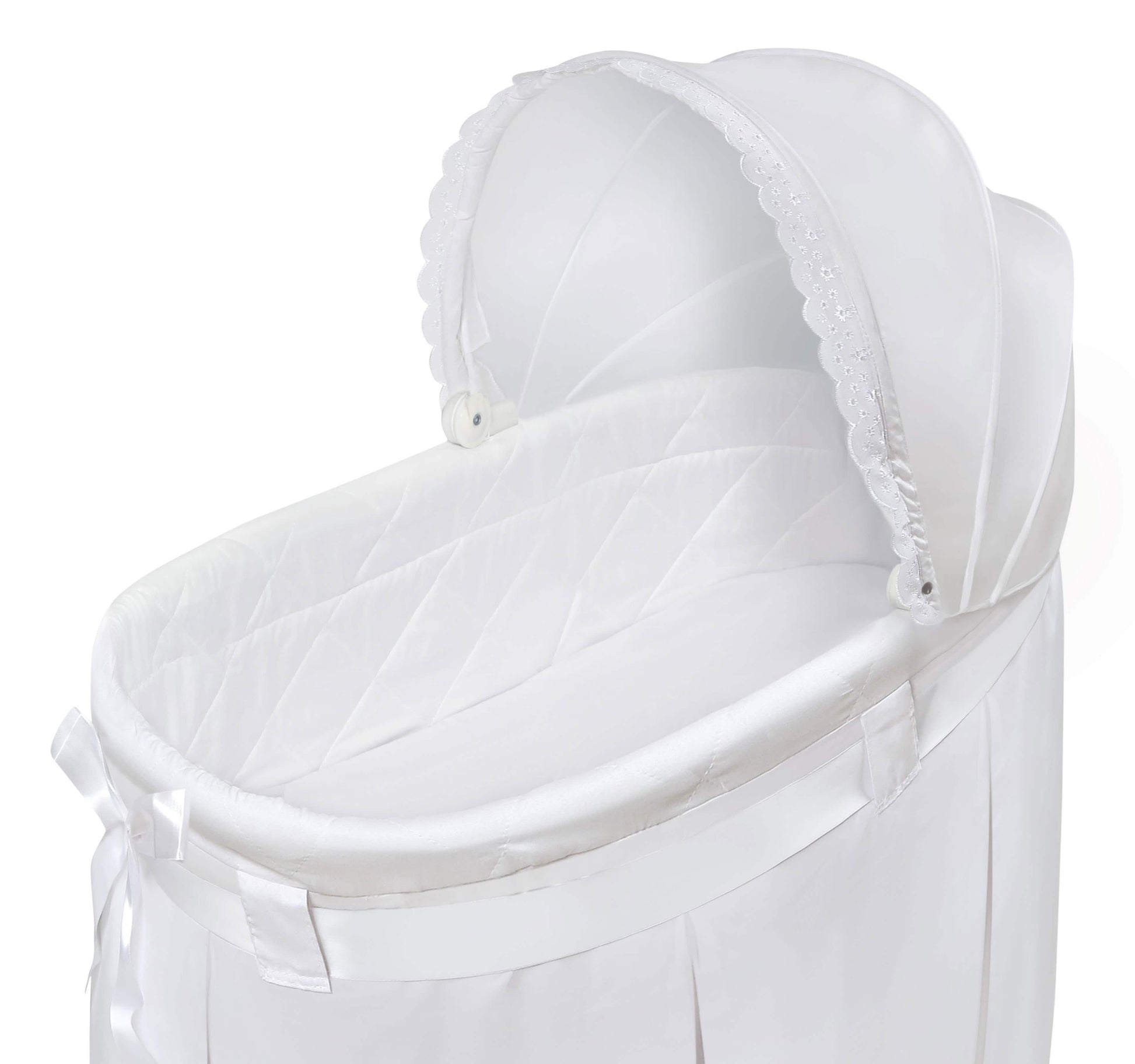 Wishes Oval Bassinet - Zoomed Inclined Side View of Wishes Oval Bassinet White bedding