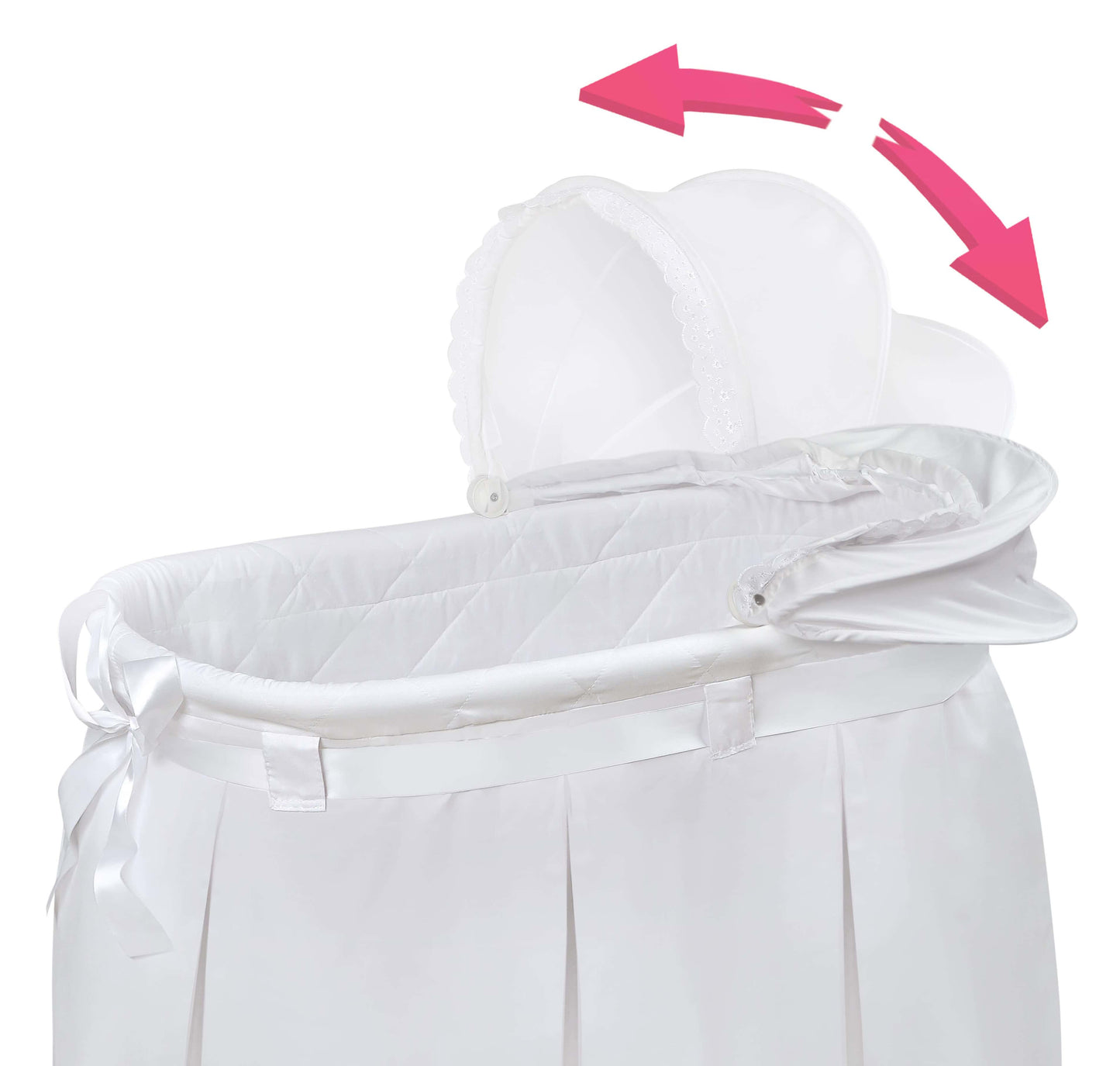 Wishes Oval Bassinet - Zoomed Inclined Side View of Wishes Oval Bassinet White bedding with Adjustable Canopy