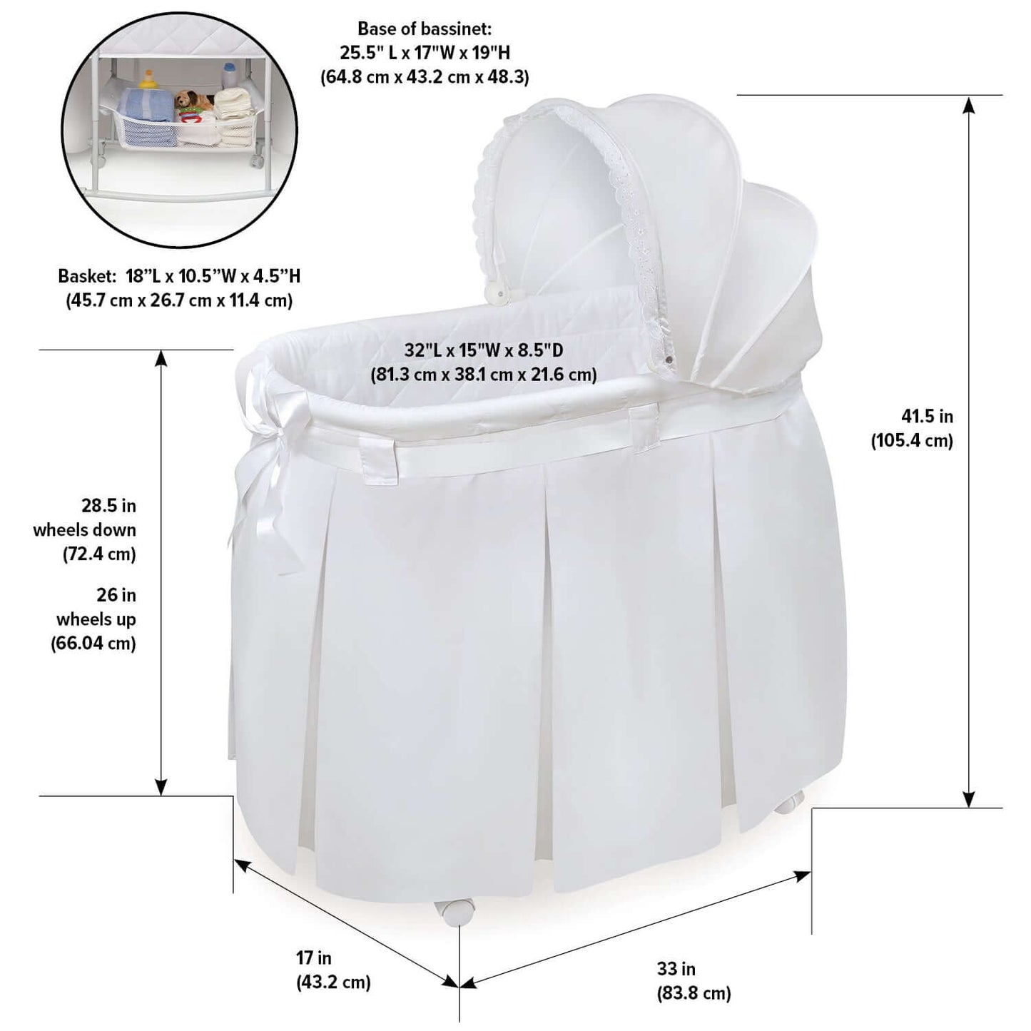 Wishes Oval Bassinet - Dimension Image of Wishes Oval Bassinet White bedding
