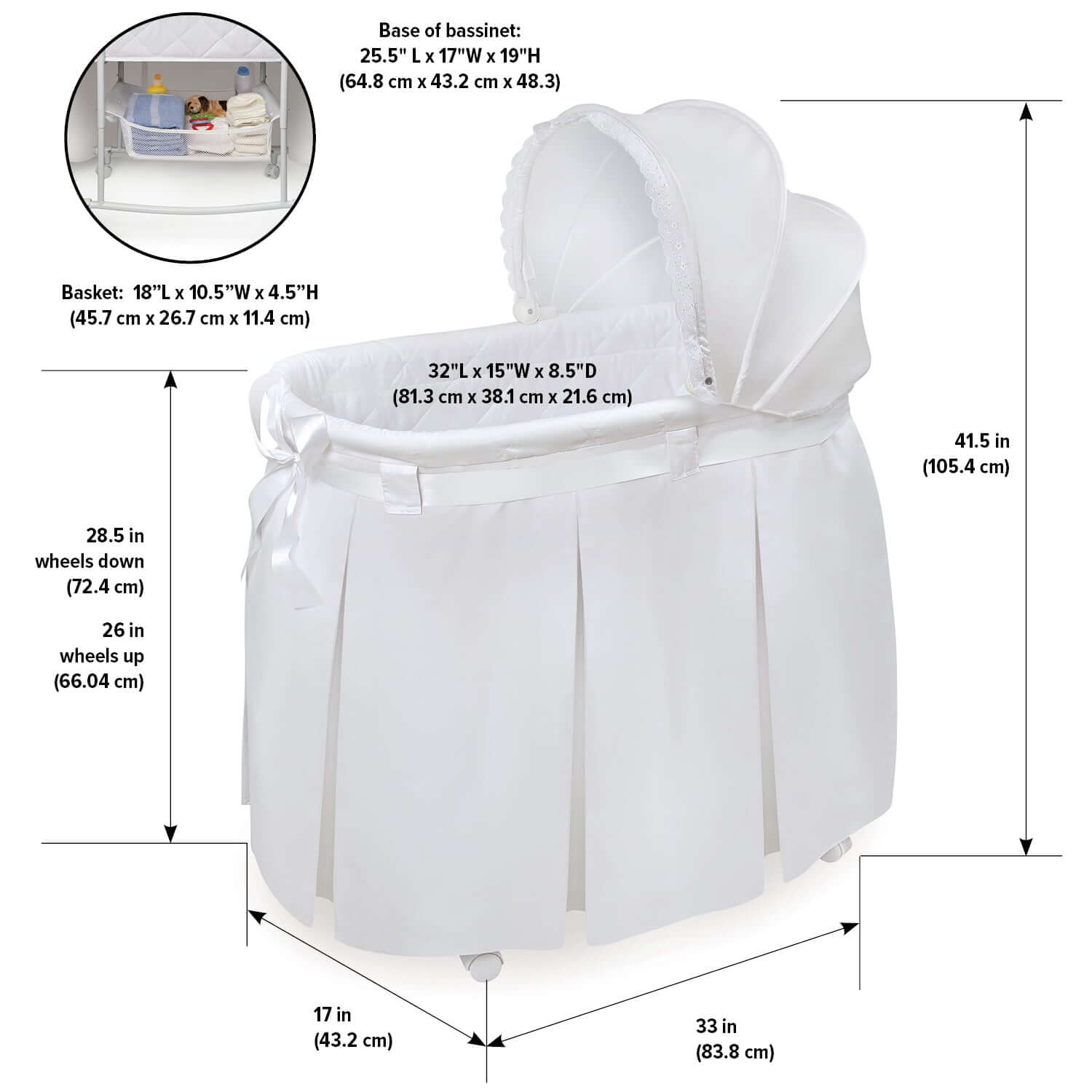 Wishes Oval Bassinet - Dimension Image of Wishes Oval Bassinet White bedding
