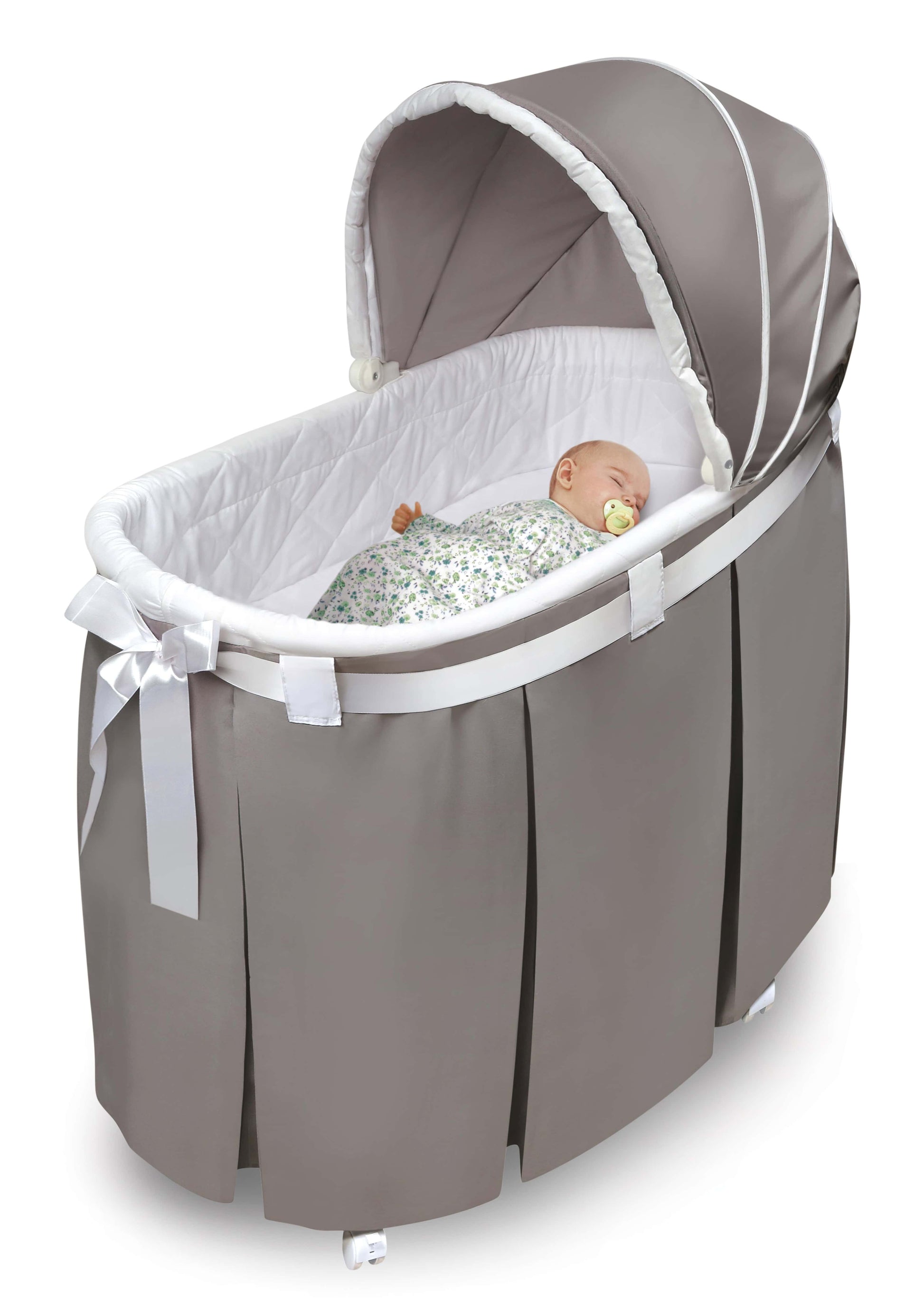 Wishes Oval Bassinet - Inclined Side View of Wishes Oval Bassinet Gray bedding with Sleeping Baby Inside