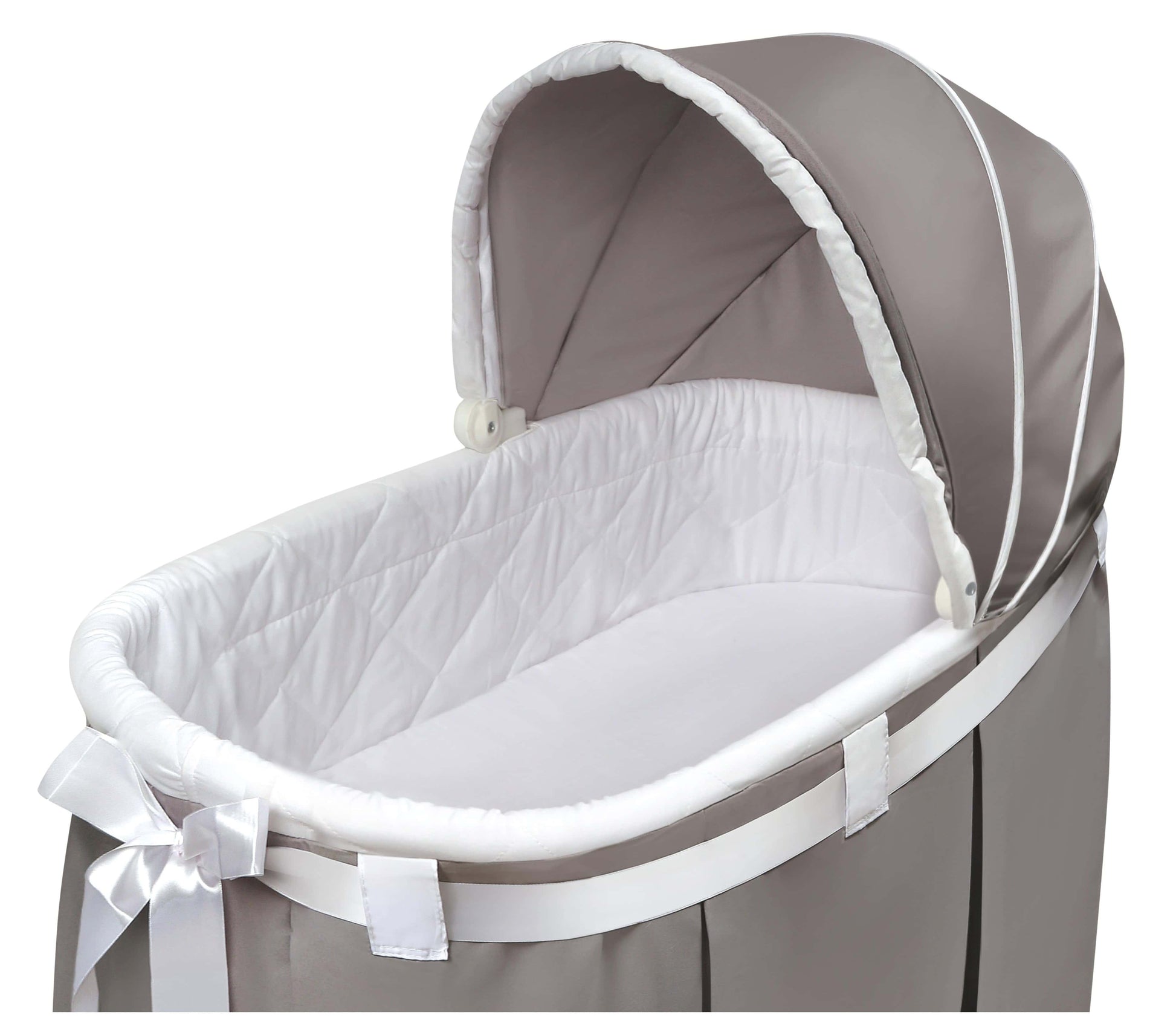 Wishes Oval Bassinet - Zoomed Inclined Side View of Wishes Oval Bassinet Gray bedding