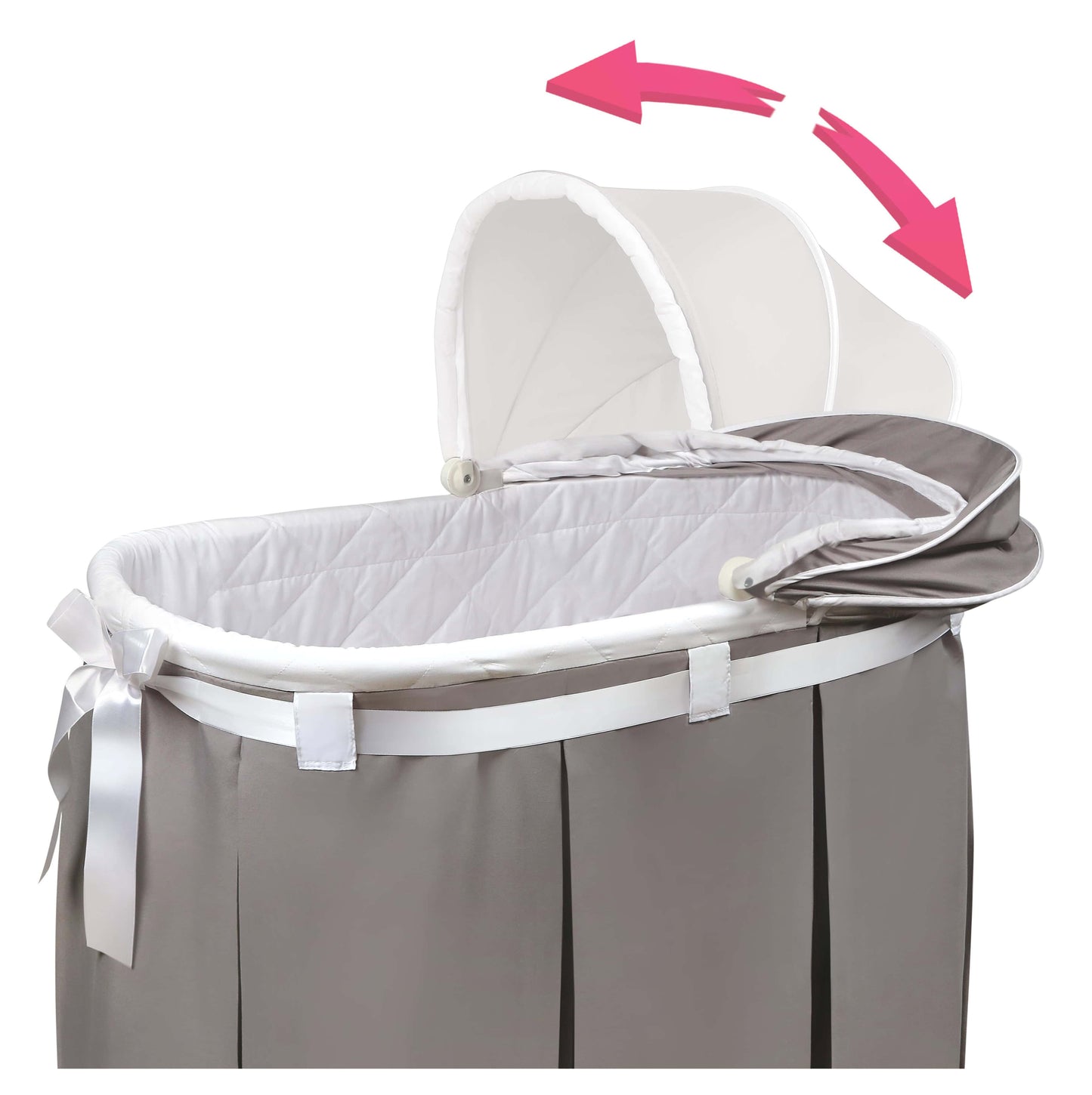 Wishes Oval Bassinet - Zoomed Inclined Side View of Wishes Oval Bassinet Gray bedding with Adjustable Canopy
