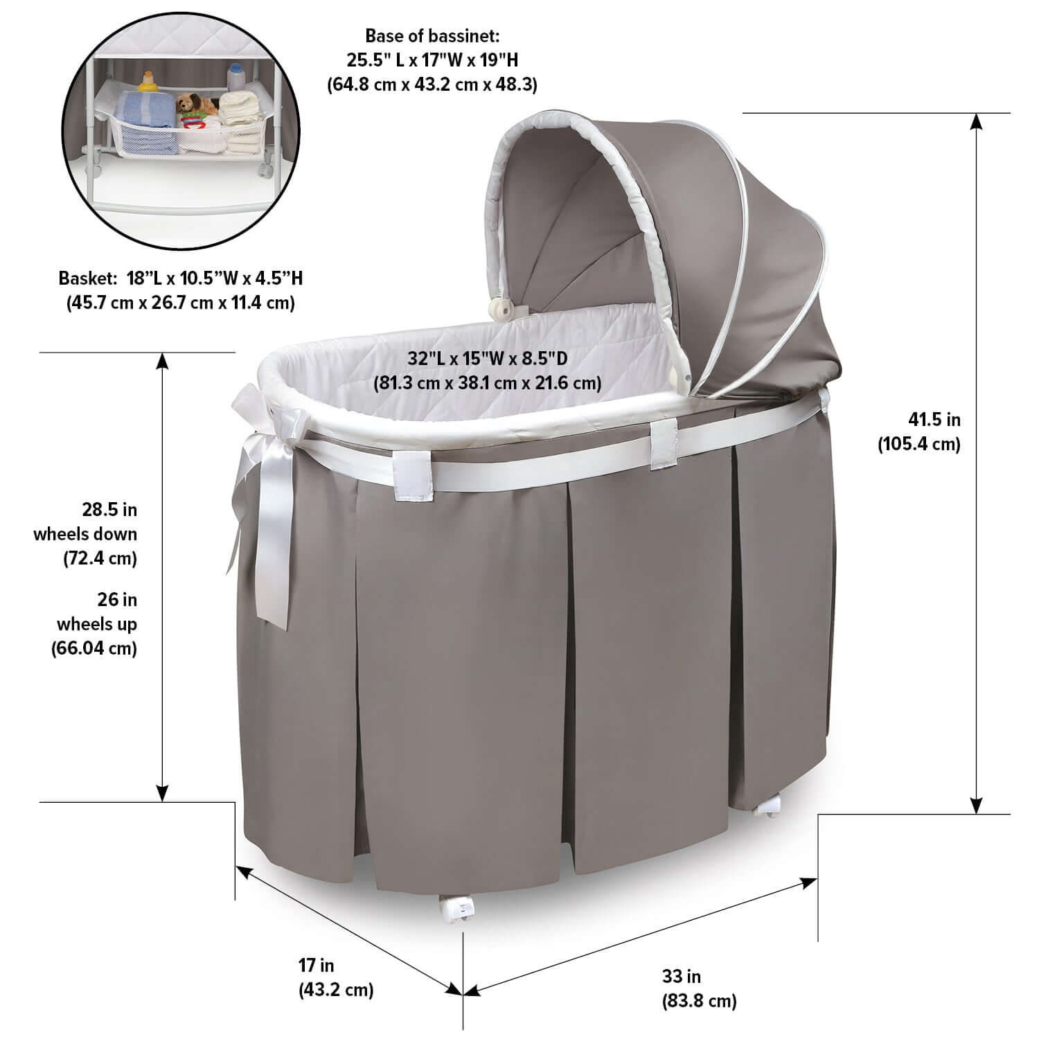 Wishes Oval Bassinet - Dimension Image of Wishes Oval Bassinet Gray bedding