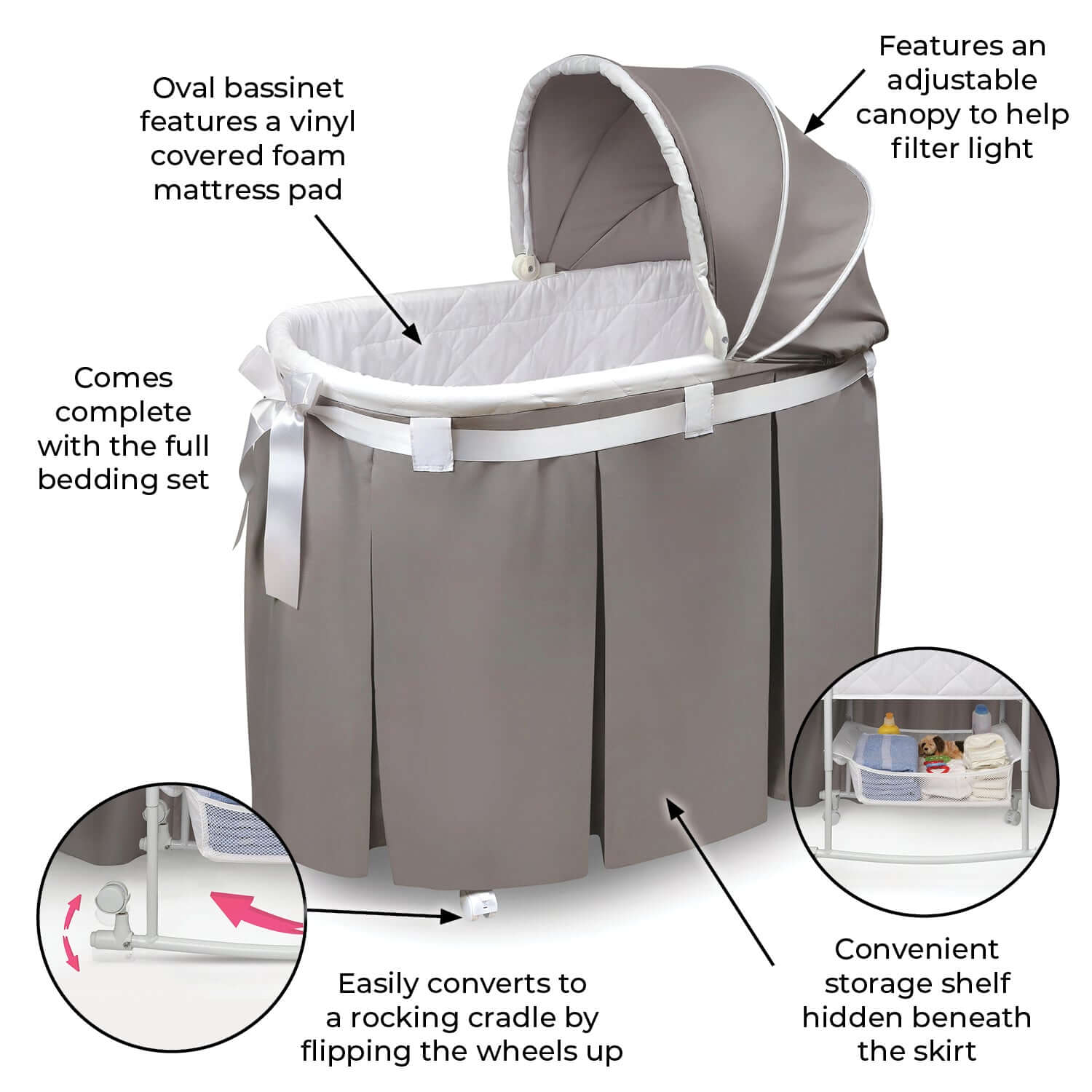 Wishes Oval Bassinet - Feature of Wishes Oval Bassinet Gray bedding