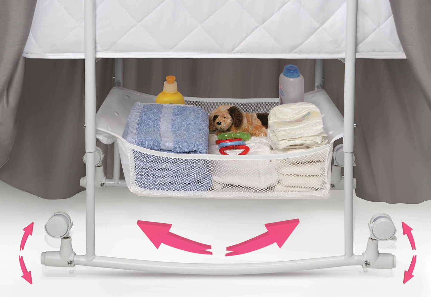 Wishes Oval Bassinet - Inclined Side View of Storage of Wishes Oval Bassinet Gray bedding
