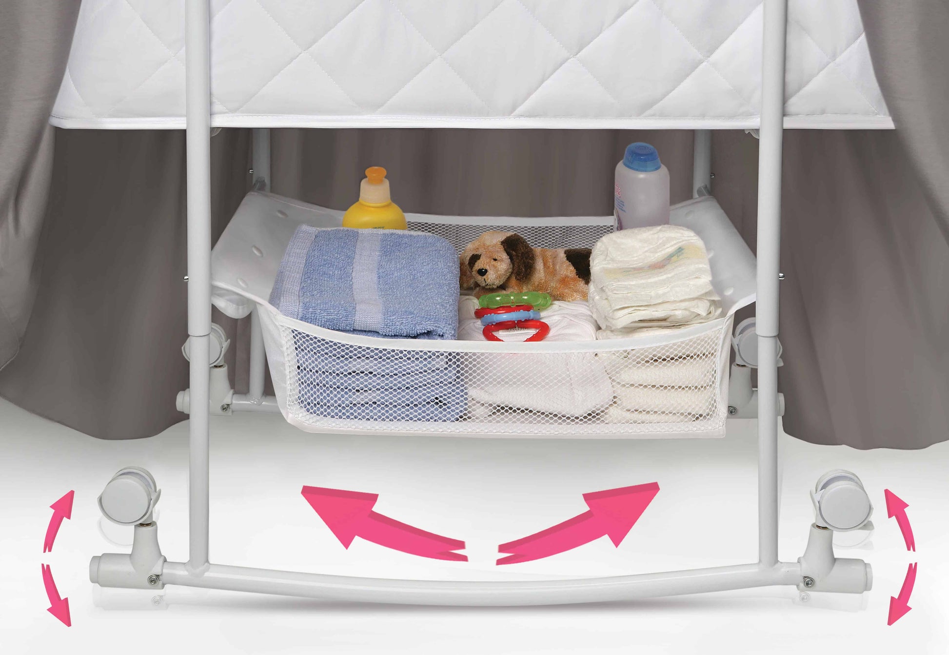 Wishes Oval Bassinet - Inclined Side View of Storage of Wishes Oval Bassinet Gray bedding
