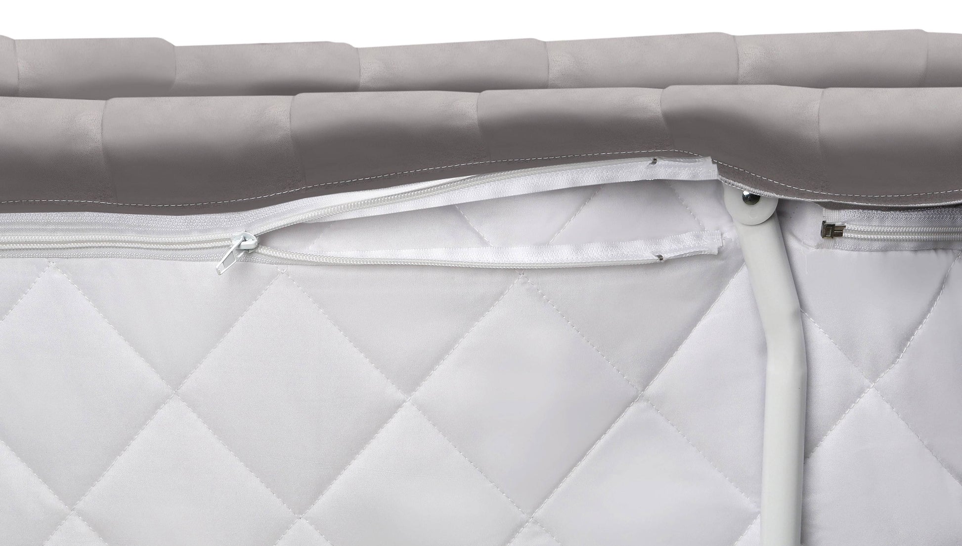Wishes Oval Bassinet - Front View of Storage Unit with Zip of Wishes Oval Bassinet Gray Bedding