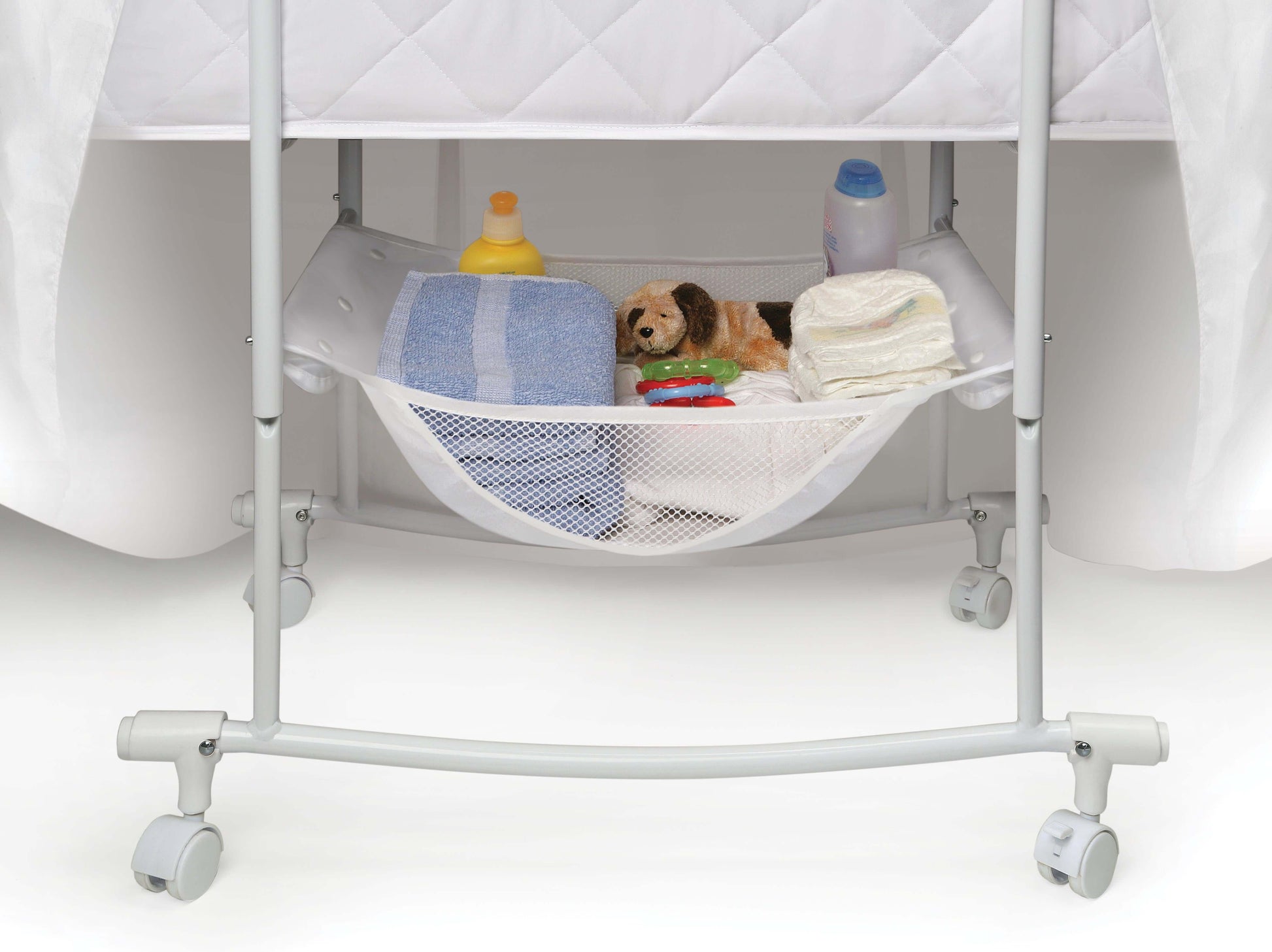 Wishes Oval Bassinet - Inclined Side View of Storage of Wishes Oval Bassinet White