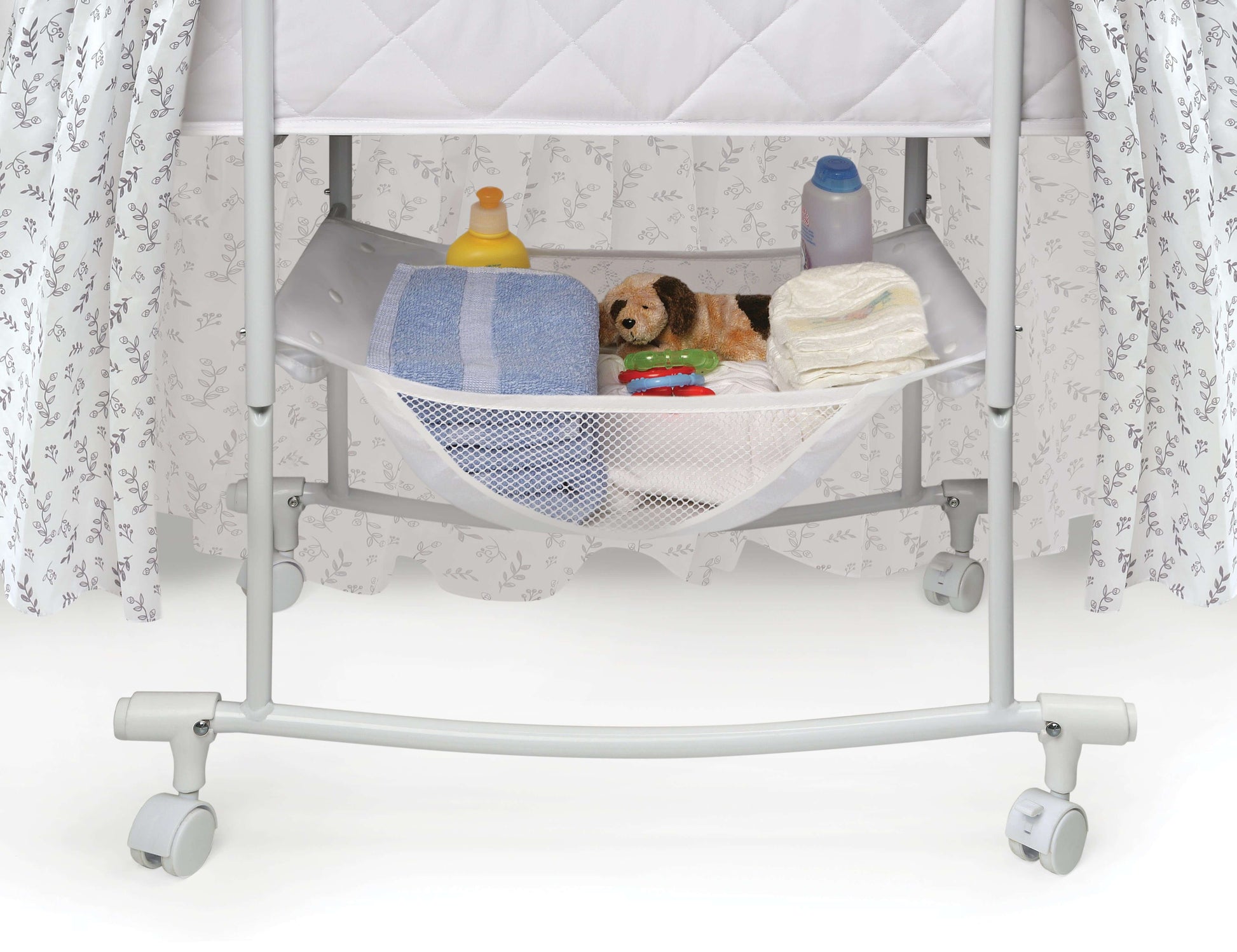 Wishes Oval Bassinet - Inclined Side View of Storage of Wishes Oval Bassinet Gray/Leaf