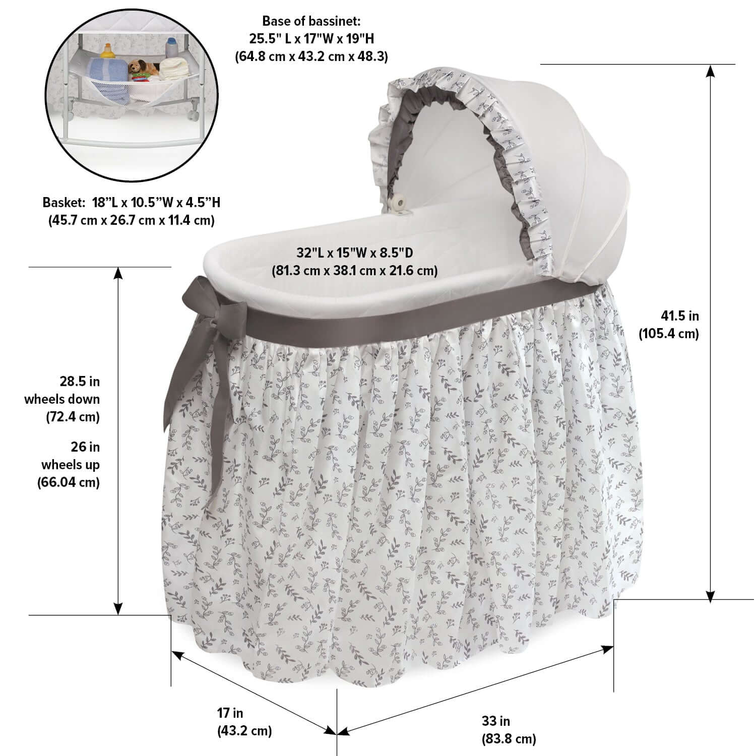 Wishes Oval Bassinet - Dimension Image of Wishes Oval Bassinet Gray/Leaf