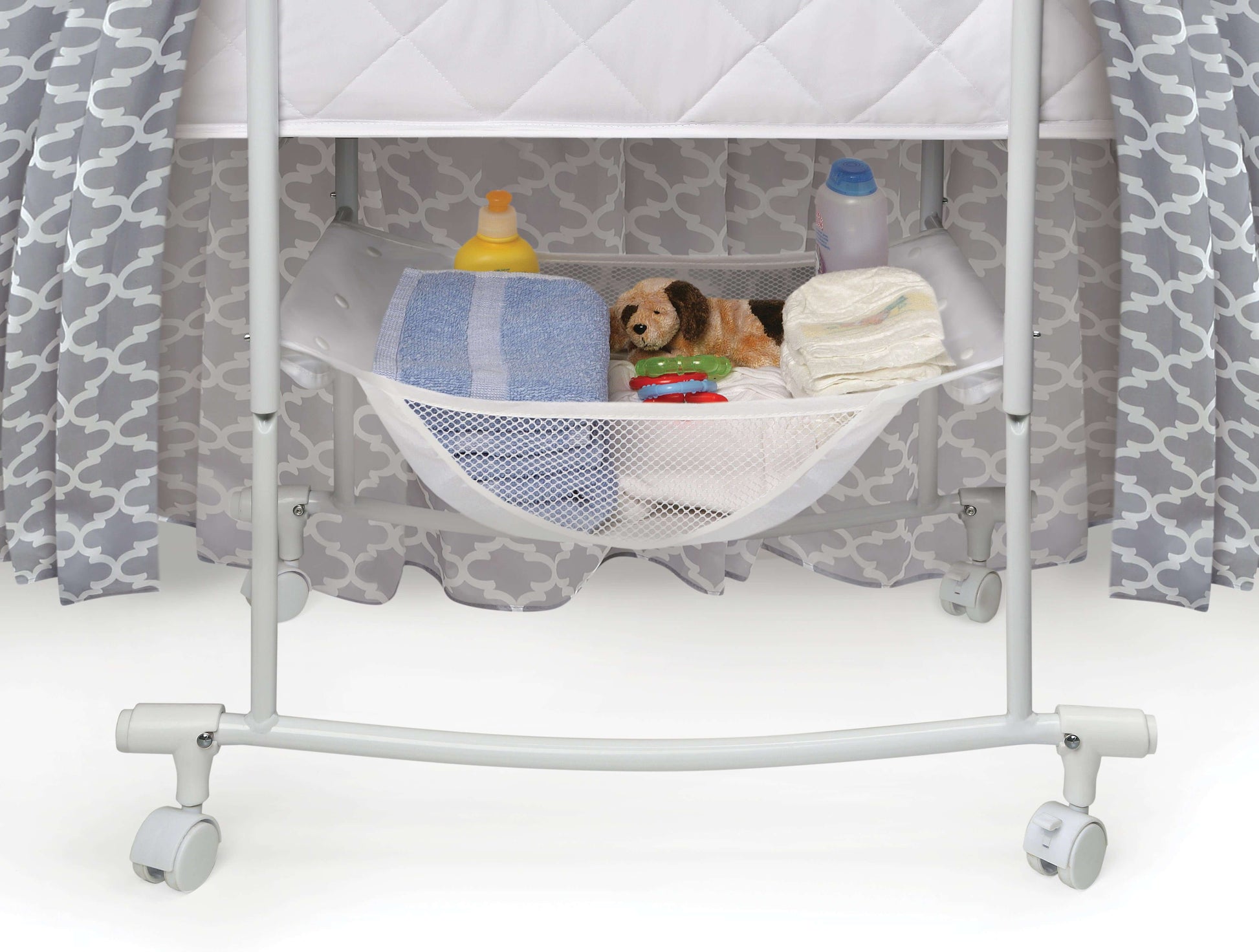 Wishes Oval Bassinet - Inclined Side View of Storage of Wishes Oval Bassinet Gray/Leaf