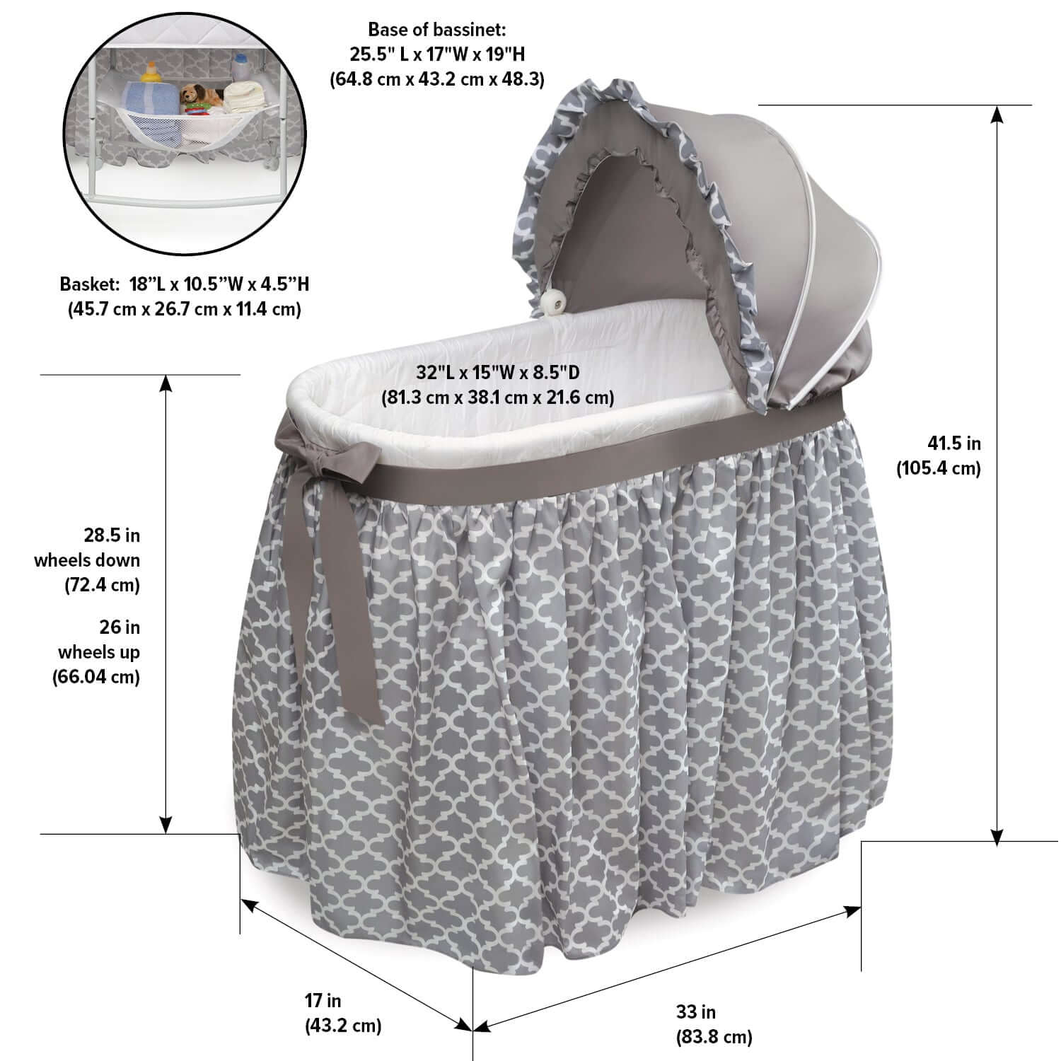 Wishes Oval Bassinet - Dimension Image of Wishes Oval Bassinet Gray/Lantern