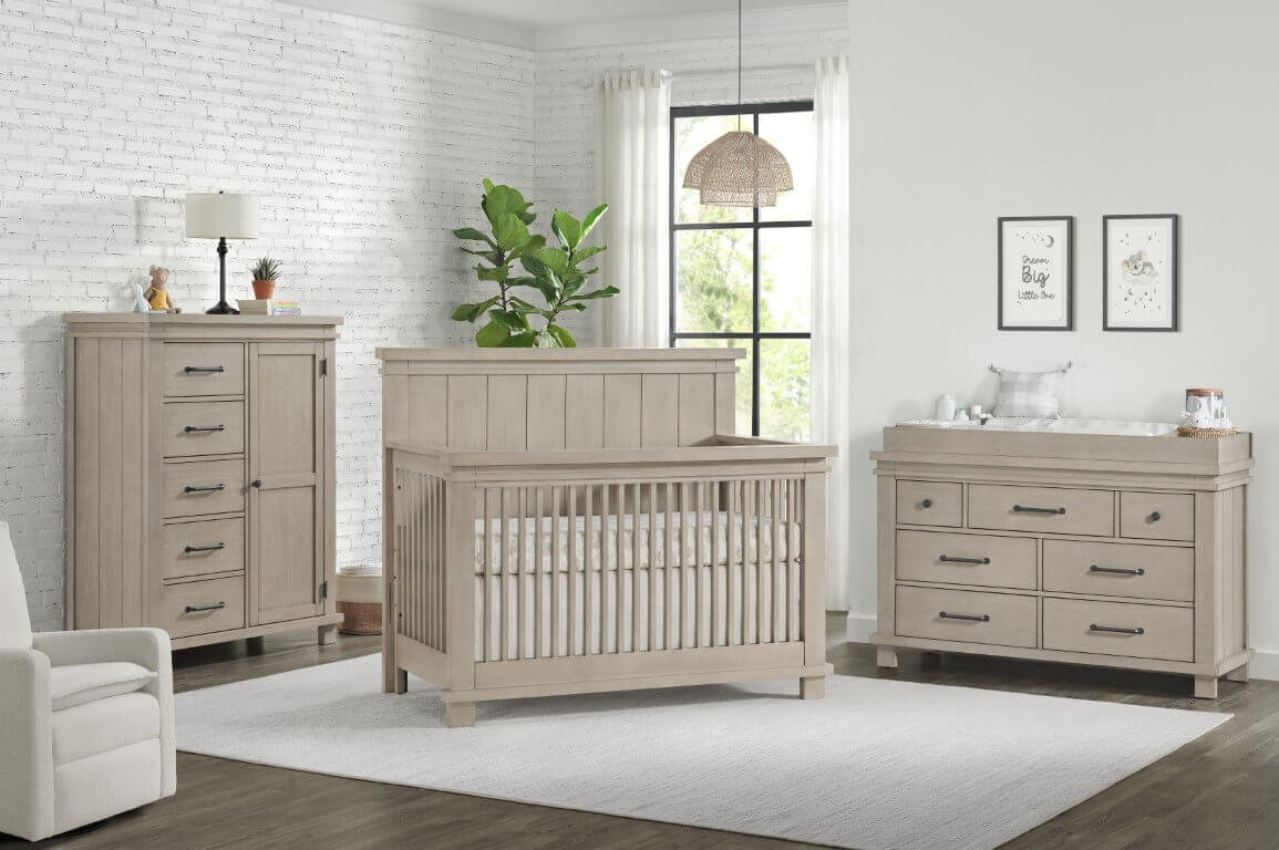 Hampton 4 In 1 Convertible Crib - Lifestyle Image Inclined Side View of Hampton 4 In 1 Convertible Crib Stone Wash