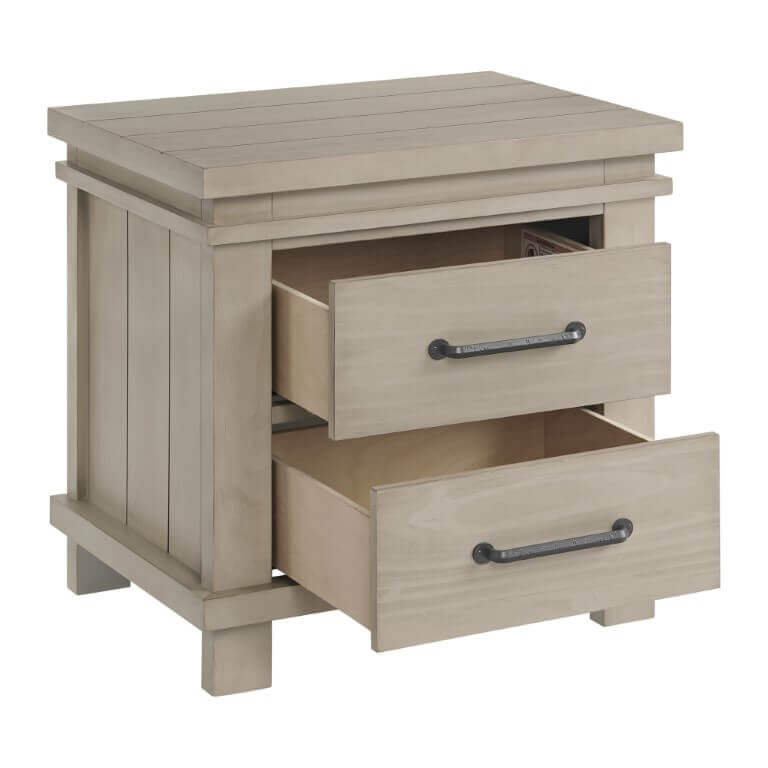Hampton 2 Drawer Night Stand - Inclined Side View of Open Drawer Hampton 2 Drawer Night Stand Stone Wash