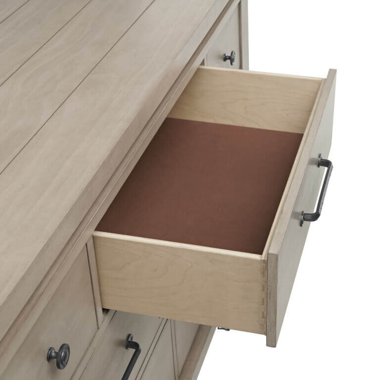 Hampton 7 Drawer Dresser - Top Inclined Side View of Open Drawer of Hampton 7 Drawer Dresser