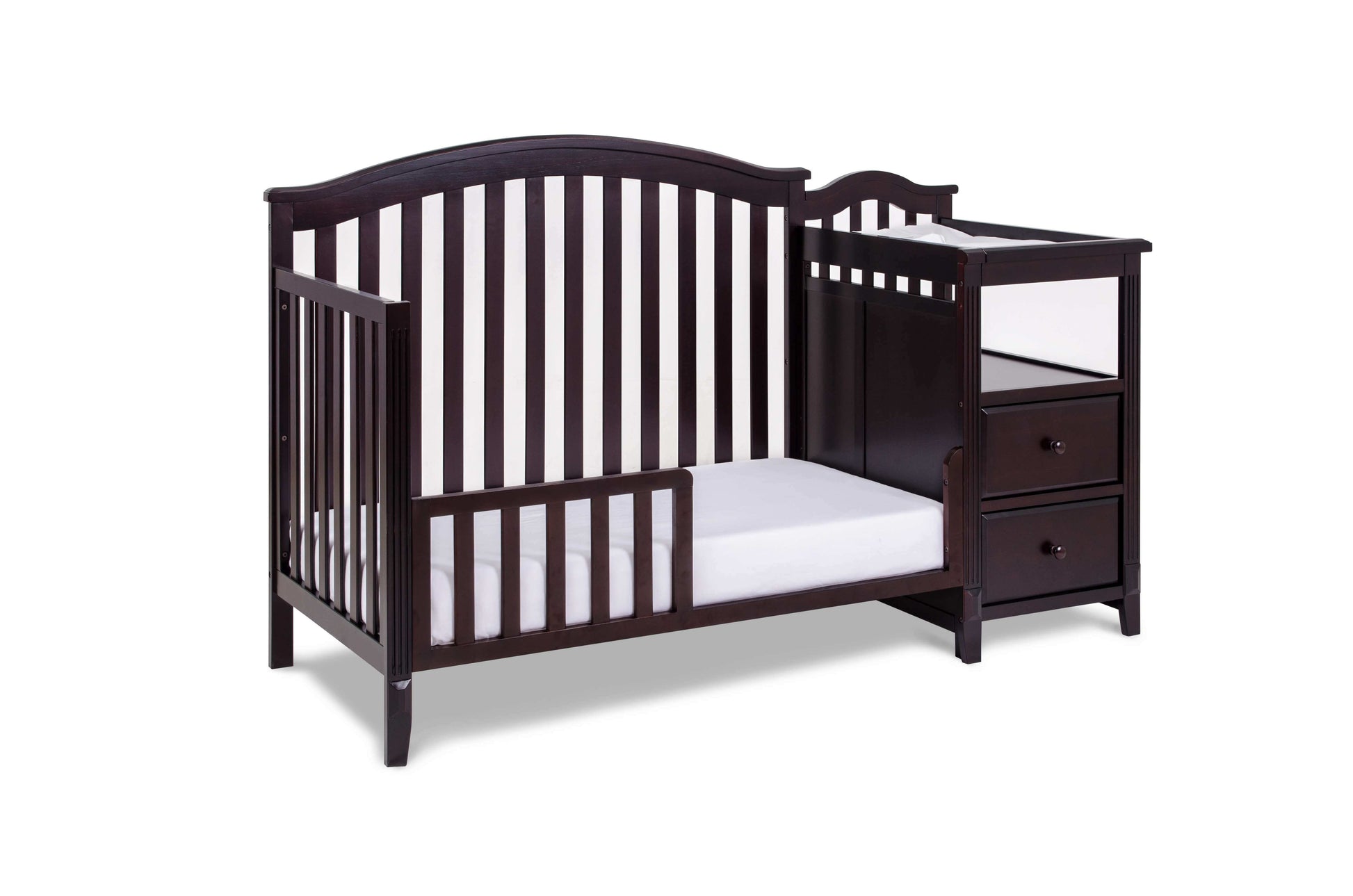 Kali 4-in-1 Crib and Changer - Inclined Side View of Kali 4-in-1 Crib and Changer Espresso with Guard Rail