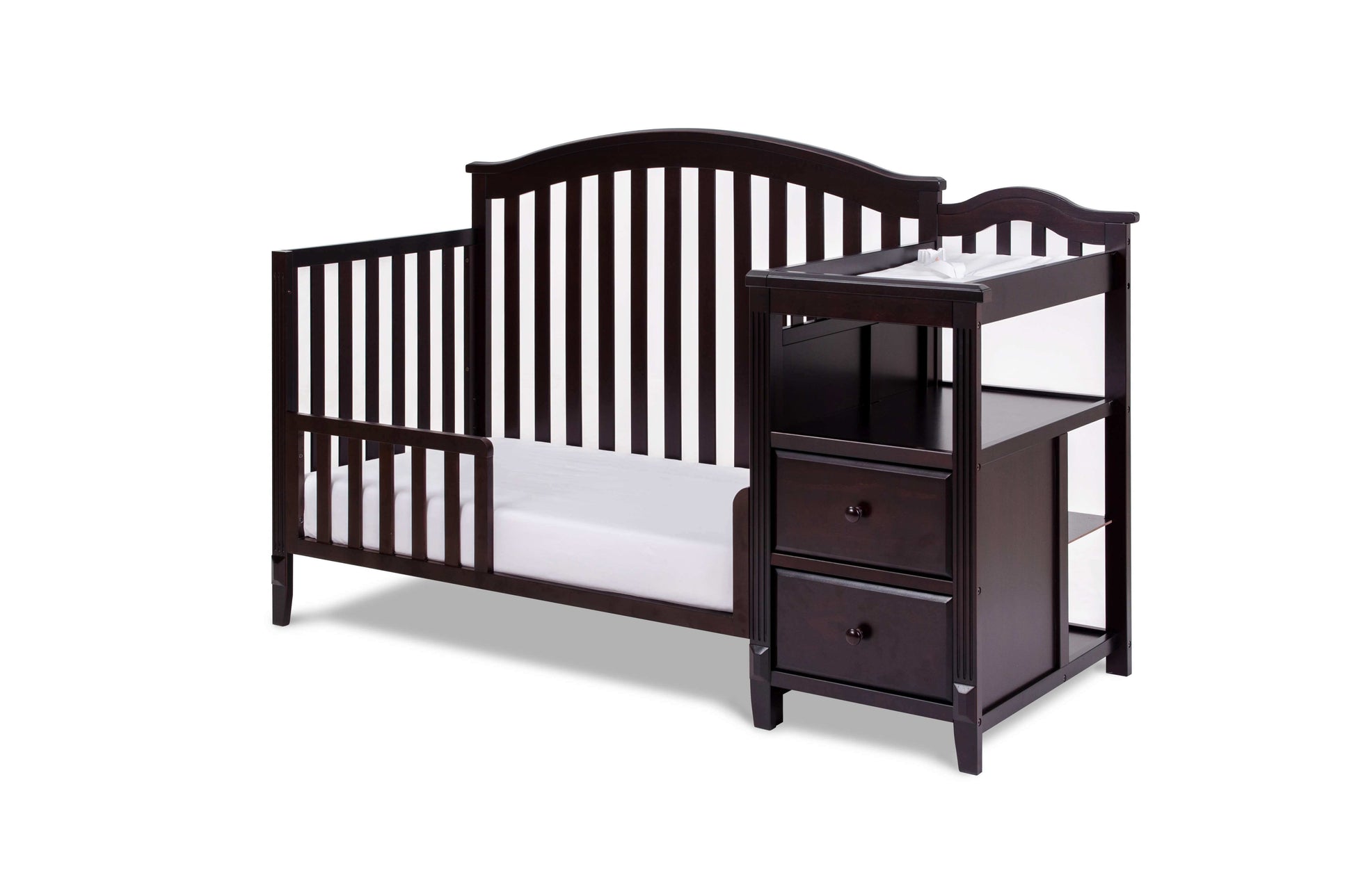 Kali 4-in-1 Crib and Changer - Inclined Side View of Kali 4-in-1 Crib and Changer Espresso with Guard Rail