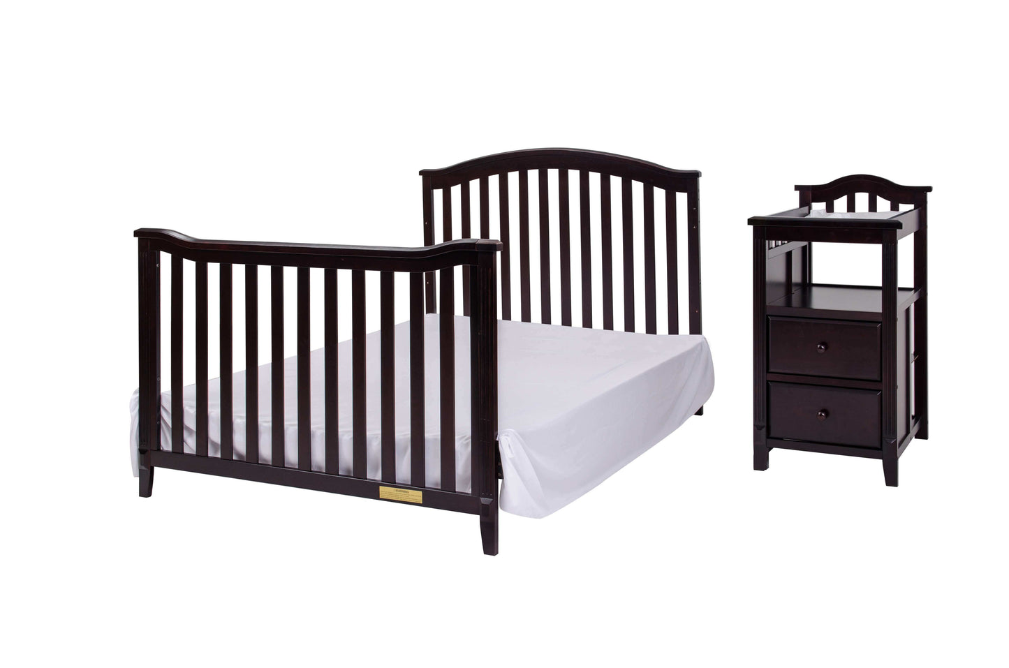 Kali 4-in-1 Crib and Changer - Inclined Side View of Kali  Full Sized Bed and Changer Espresso