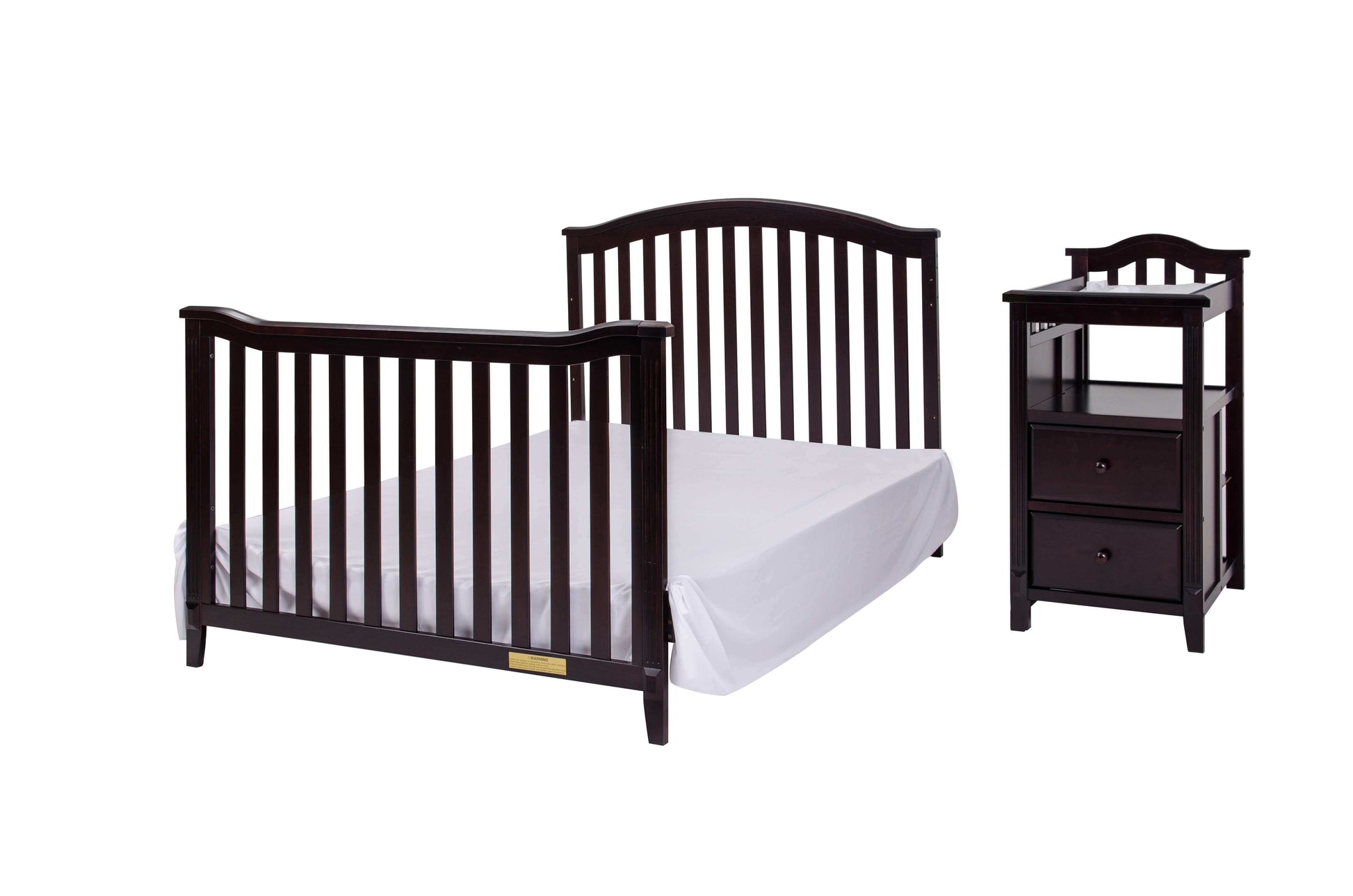 Kali 4-in-1 Crib and Changer - Inclined Side View of Kali  Full Sized Bed and Changer Espresso