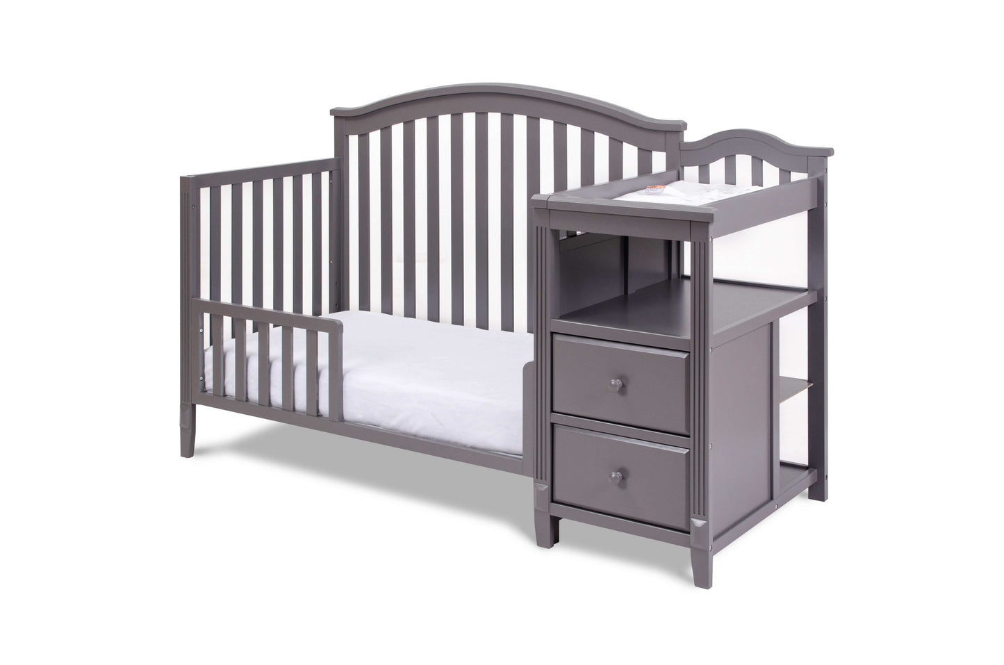 Kali 4-in-1 Crib and Changer - Inclined Side View of Kali 4-in-1 Crib and Changer Gray with Guard Rail