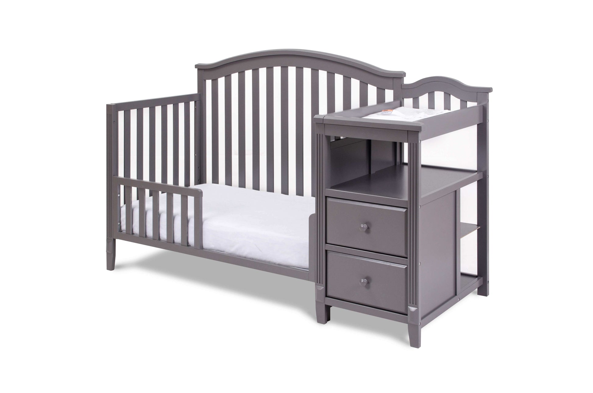 Kali 4-in-1 Crib and Changer - Inclined Side View of Kali 4-in-1 Crib and Changer Gray with Guard Rail