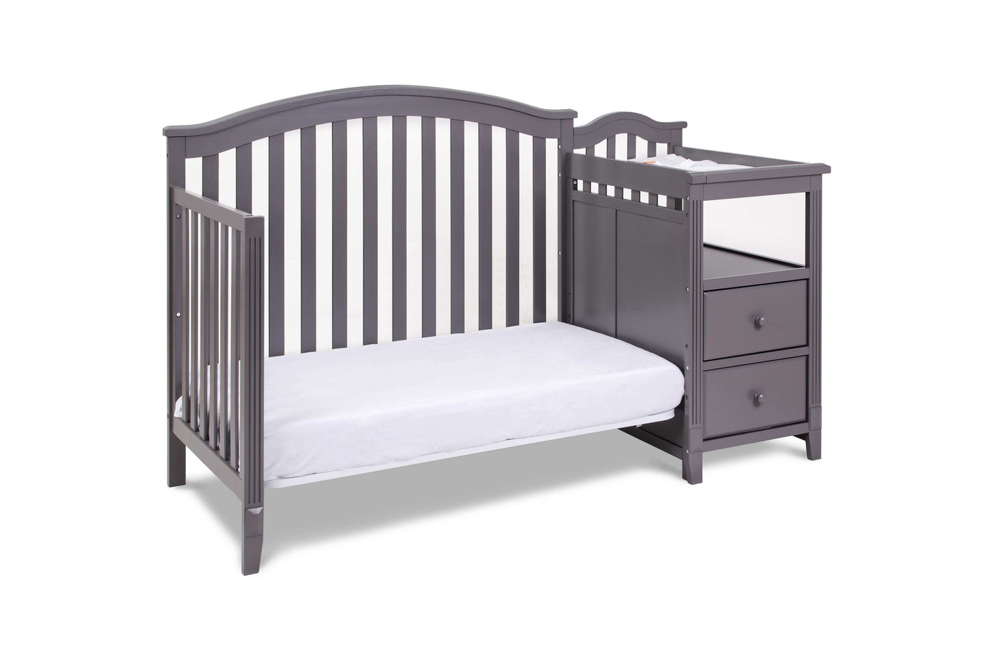 Kali 4-in-1 Crib and Changer - Inclined Side View of Kali  Daybed and Changer Gray
